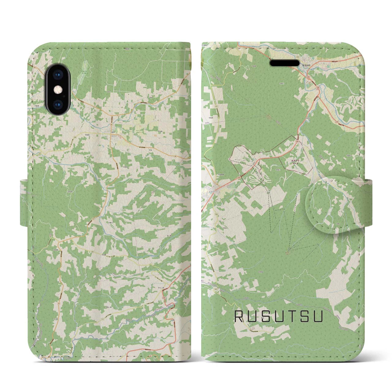 【留寿都(北海道)】地図柄iPhoneケース(手帳タイプ)ナチュラル・iPhone XS / X 用