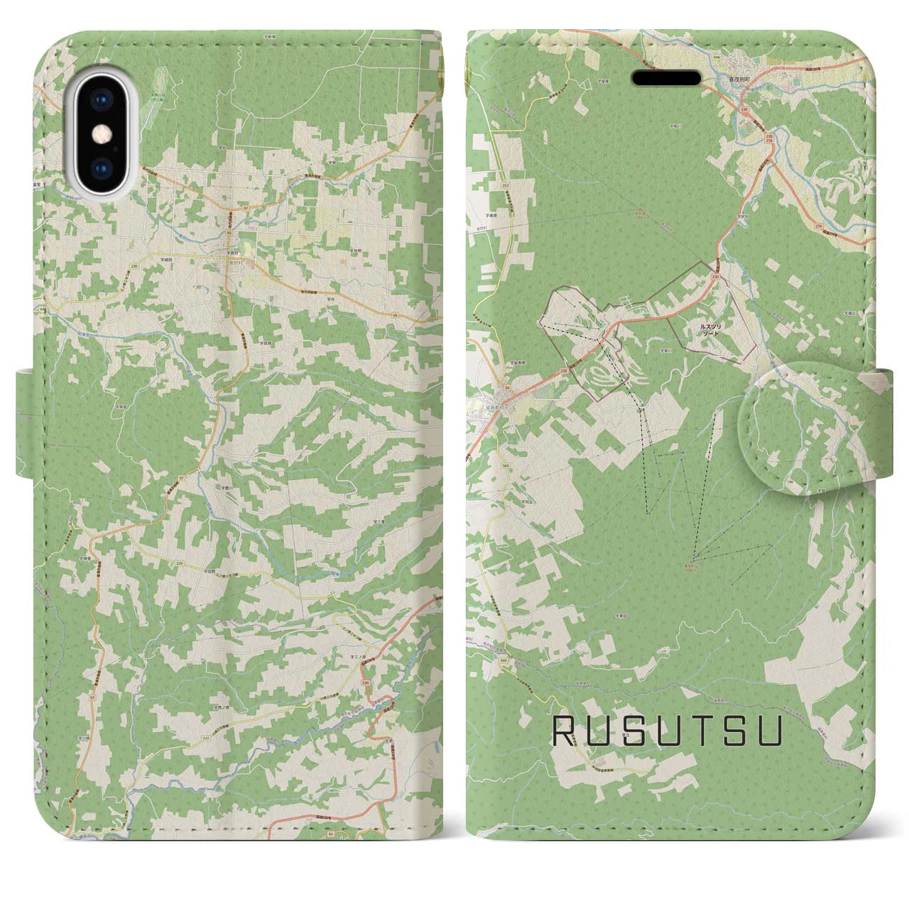 【留寿都(北海道)】地図柄iPhoneケース(手帳タイプ)ナチュラル・iPhone XS Max 用