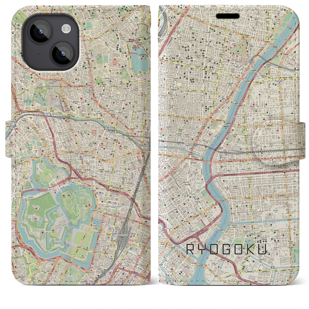 【両国(東京都)】地図柄iPhoneケース(手帳タイプ)ナチュラル・iPhone 14 Plus 用