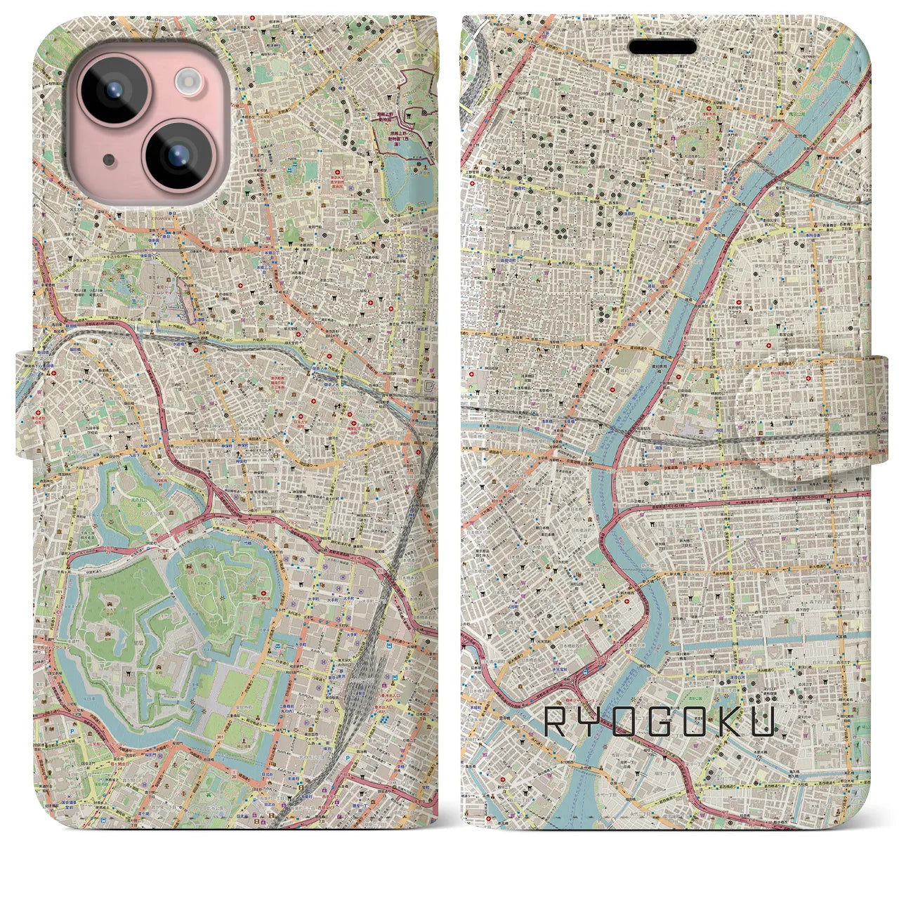 【両国(東京都)】地図柄iPhoneケース(手帳タイプ)ナチュラル・iPhone 15 Plus 用