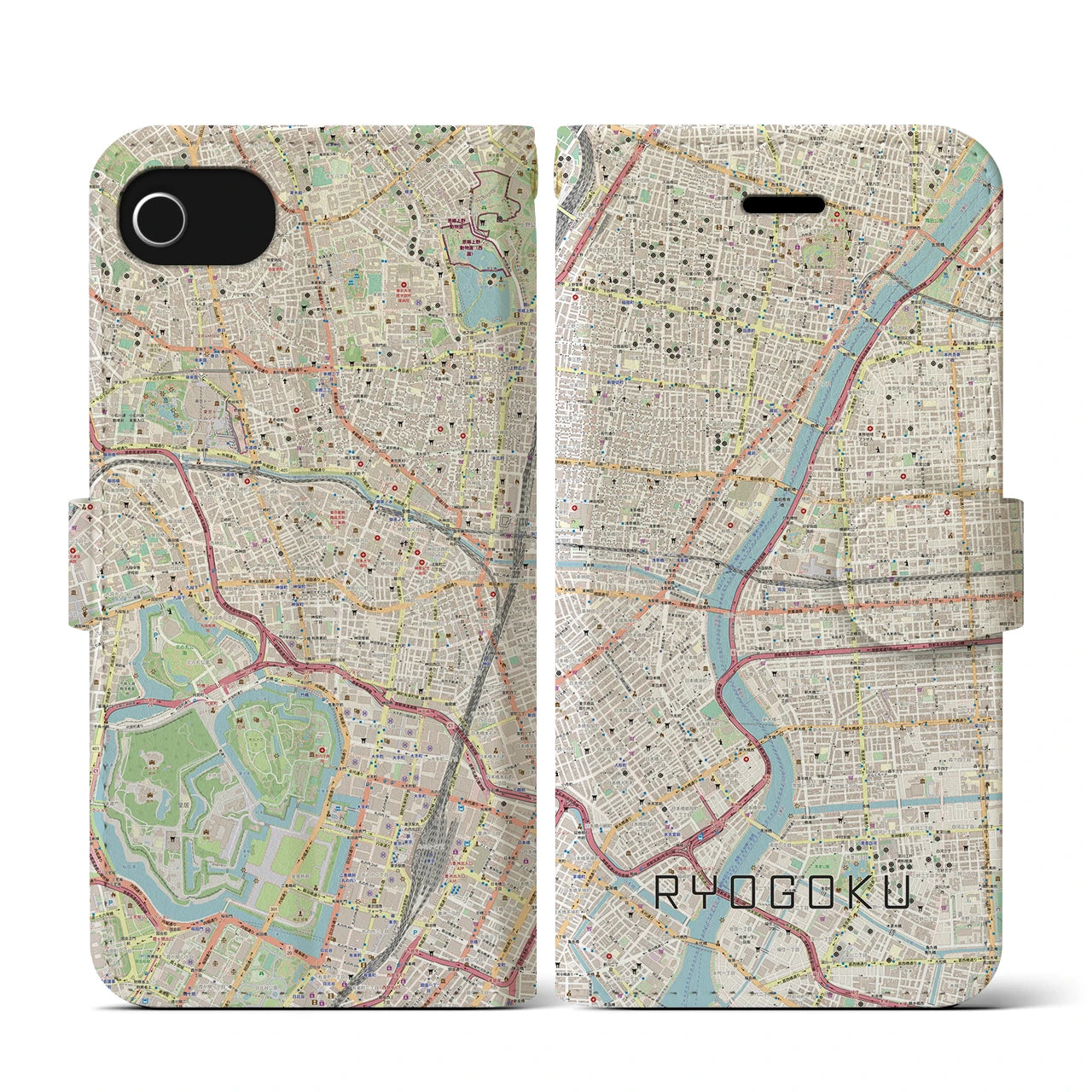 【両国(東京都)】地図柄iPhoneケース(手帳タイプ)ナチュラル・iPhone SE(第3 / 第2世代) / 8 / 7 / 6s / 6 用