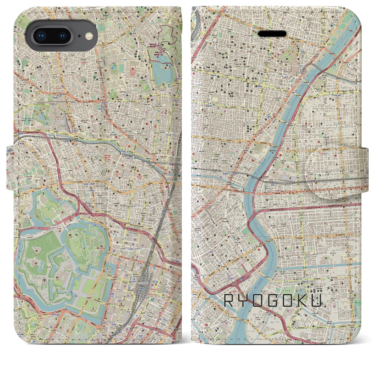 【両国(東京都)】地図柄iPhoneケース(手帳タイプ)ナチュラル・iPhone 8Plus /7Plus / 6sPlus / 6Plus 用