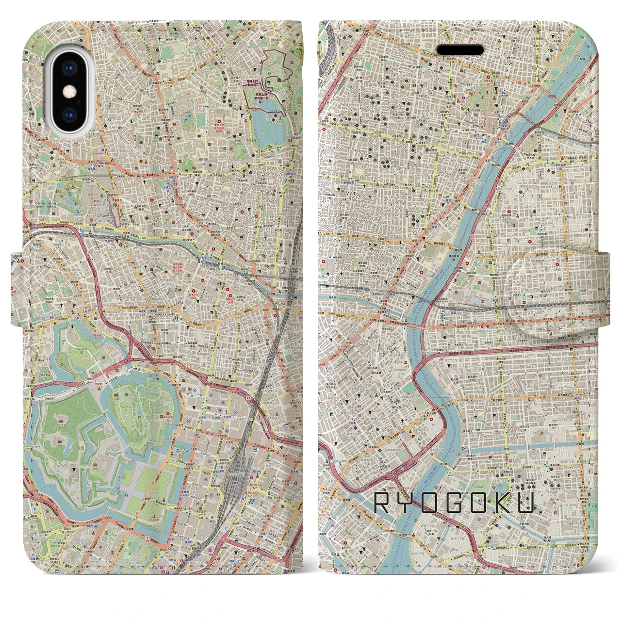 【両国(東京都)】地図柄iPhoneケース(手帳タイプ)ナチュラル・iPhone XS Max 用
