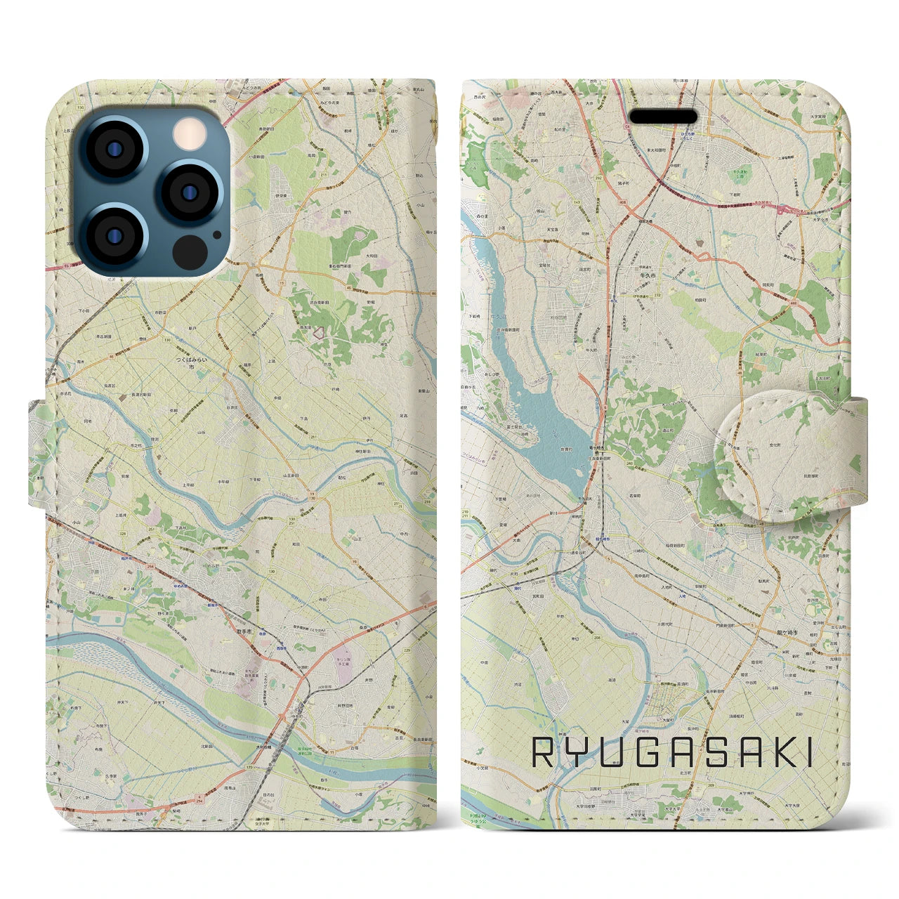 【龍ケ崎(茨城県)】地図柄iPhoneケース(手帳タイプ)ナチュラル・iPhone 12 / 12 Pro 用