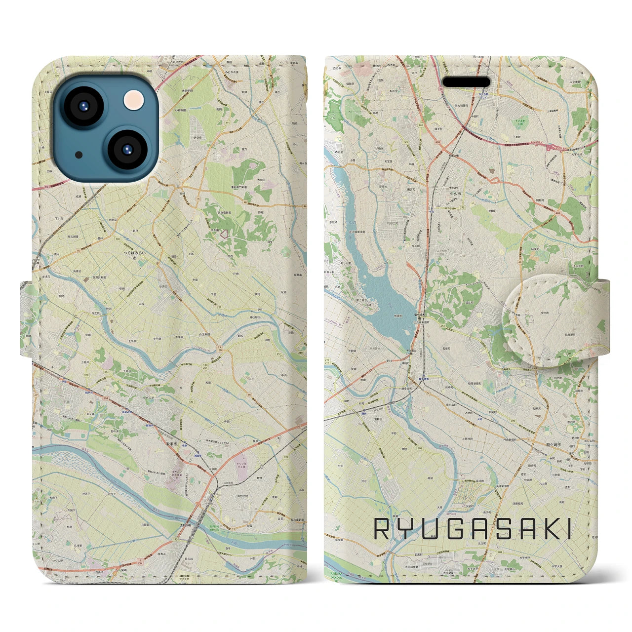 【龍ケ崎(茨城県)】地図柄iPhoneケース(手帳タイプ)ナチュラル・iPhone 13 用
