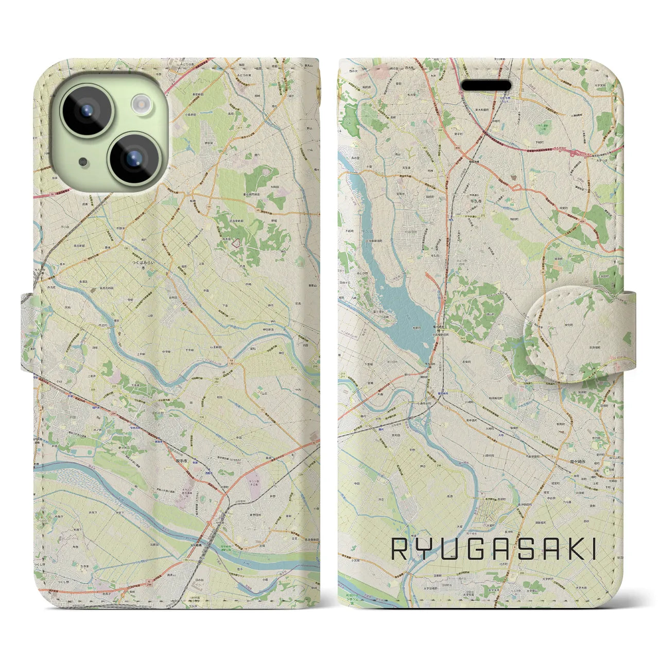 【龍ケ崎(茨城県)】地図柄iPhoneケース(手帳タイプ)ナチュラル・iPhone 15 用