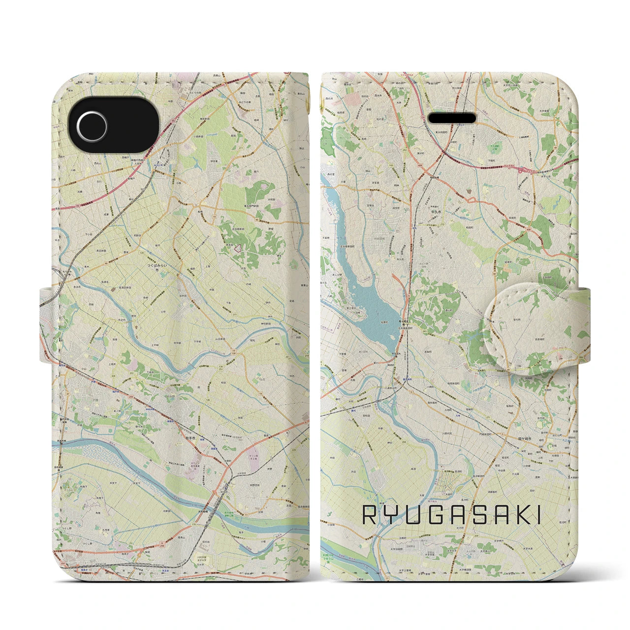 【龍ケ崎(茨城県)】地図柄iPhoneケース(手帳タイプ)ナチュラル・iPhone SE(第3 / 第2世代) / 8 / 7 / 6s / 6 用