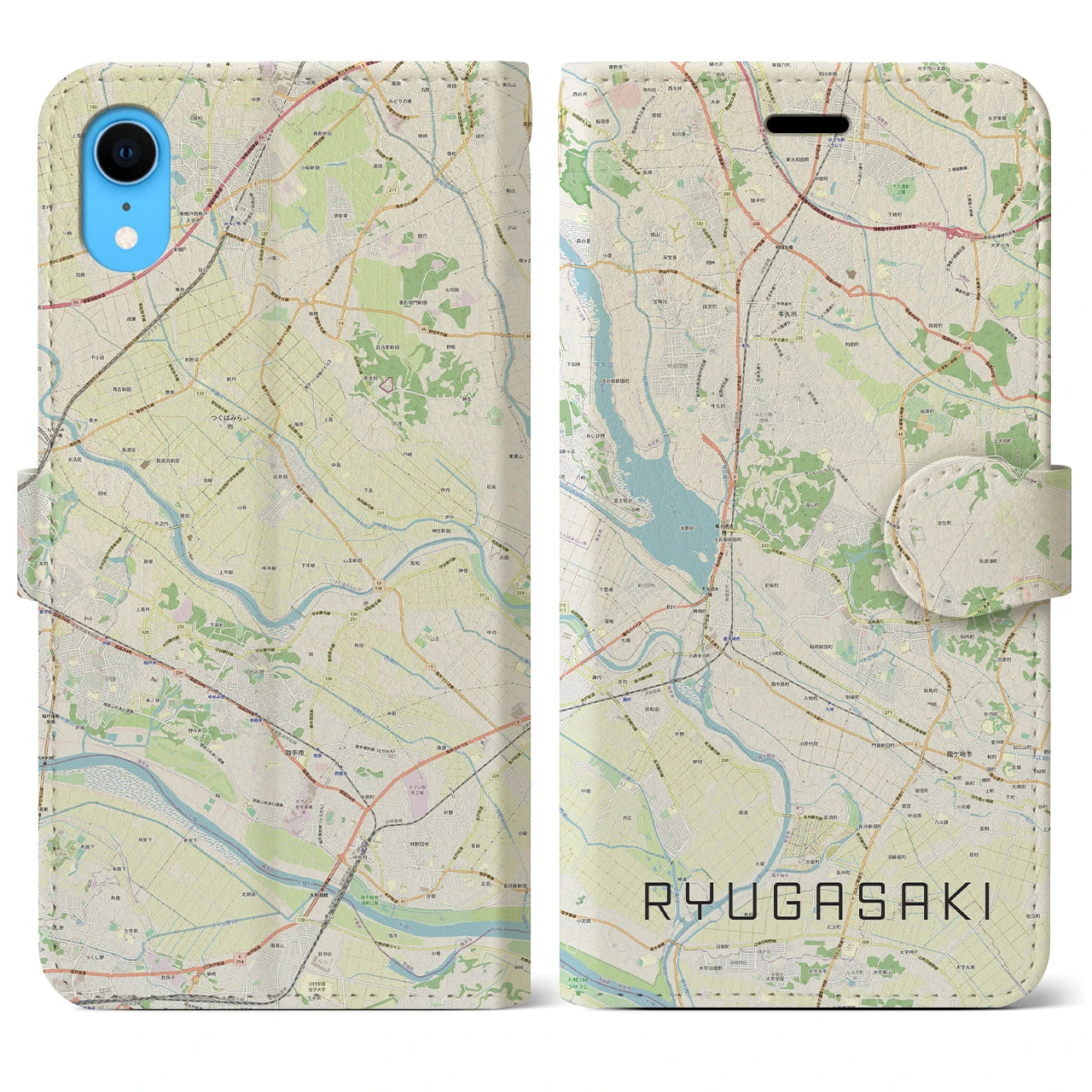 【龍ケ崎(茨城県)】地図柄iPhoneケース(手帳タイプ)ナチュラル・iPhone XR 用