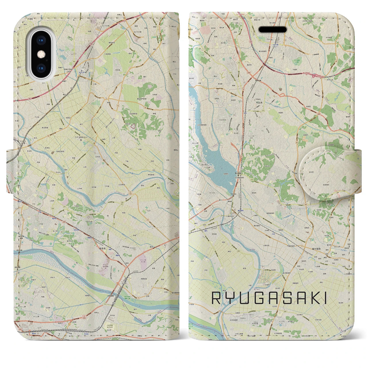 【龍ケ崎(茨城県)】地図柄iPhoneケース(手帳タイプ)ナチュラル・iPhone XS Max 用