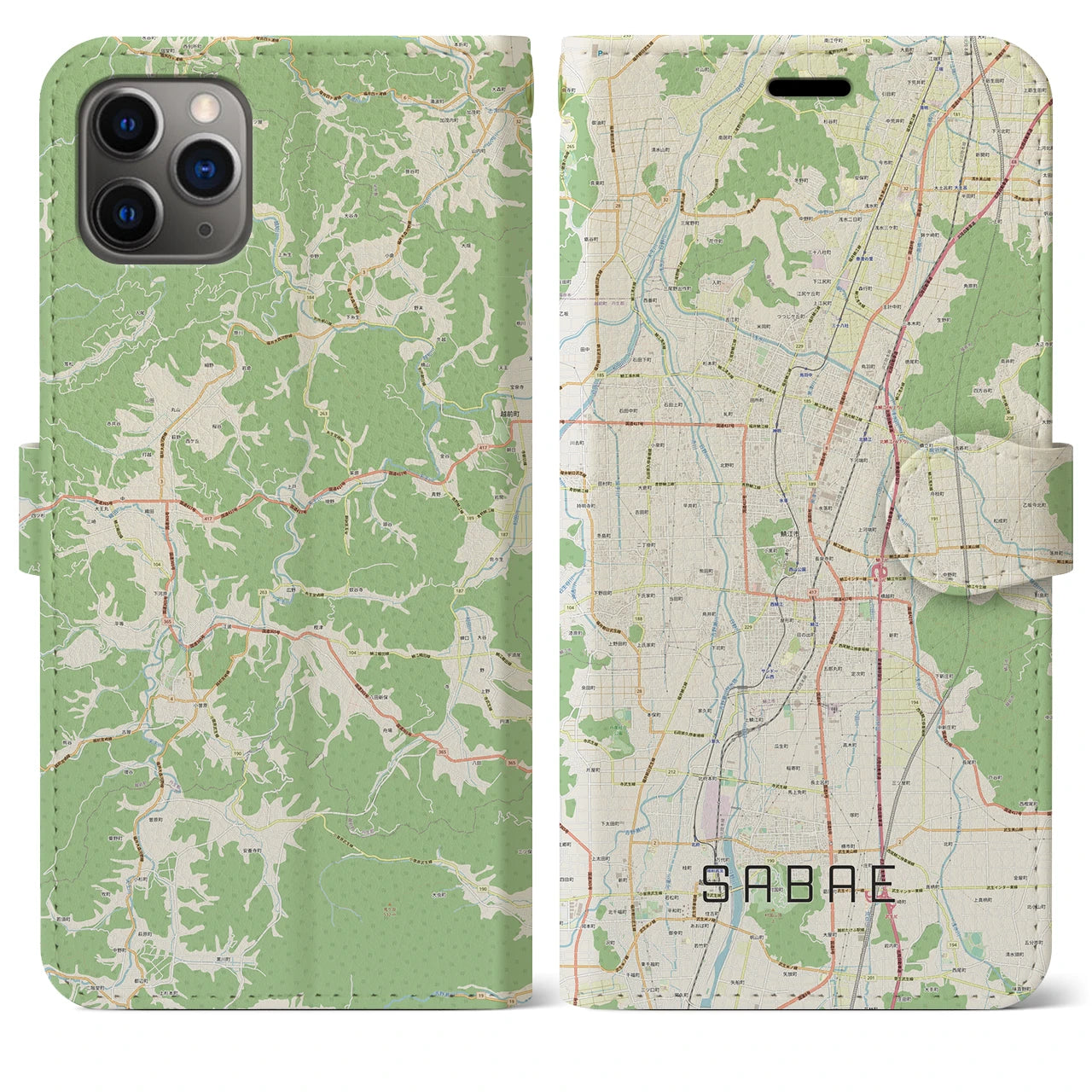 【鯖江(福井県)】地図柄iPhoneケース(手帳タイプ)ナチュラル・iPhone 11 Pro Max 用