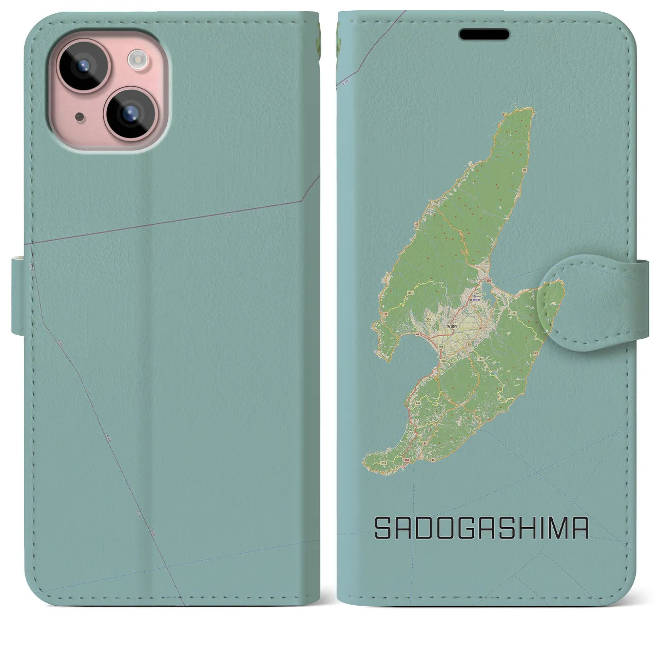 【佐渡島(新潟県)】地図柄iPhoneケース(手帳タイプ)ナチュラル・iPhone 15 Plus 用