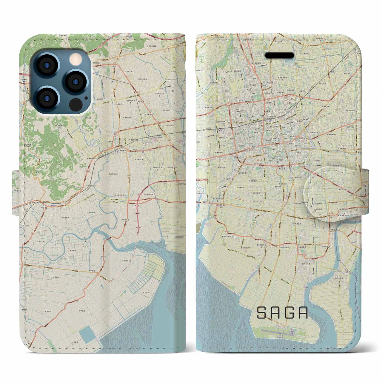 【佐賀(佐賀県)】地図柄iPhoneケース(手帳タイプ)ナチュラル・iPhone 12 / 12 Pro 用