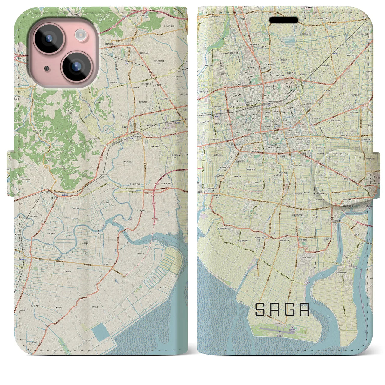 【佐賀(佐賀県)】地図柄iPhoneケース(手帳タイプ)ナチュラル・iPhone 15 Plus 用