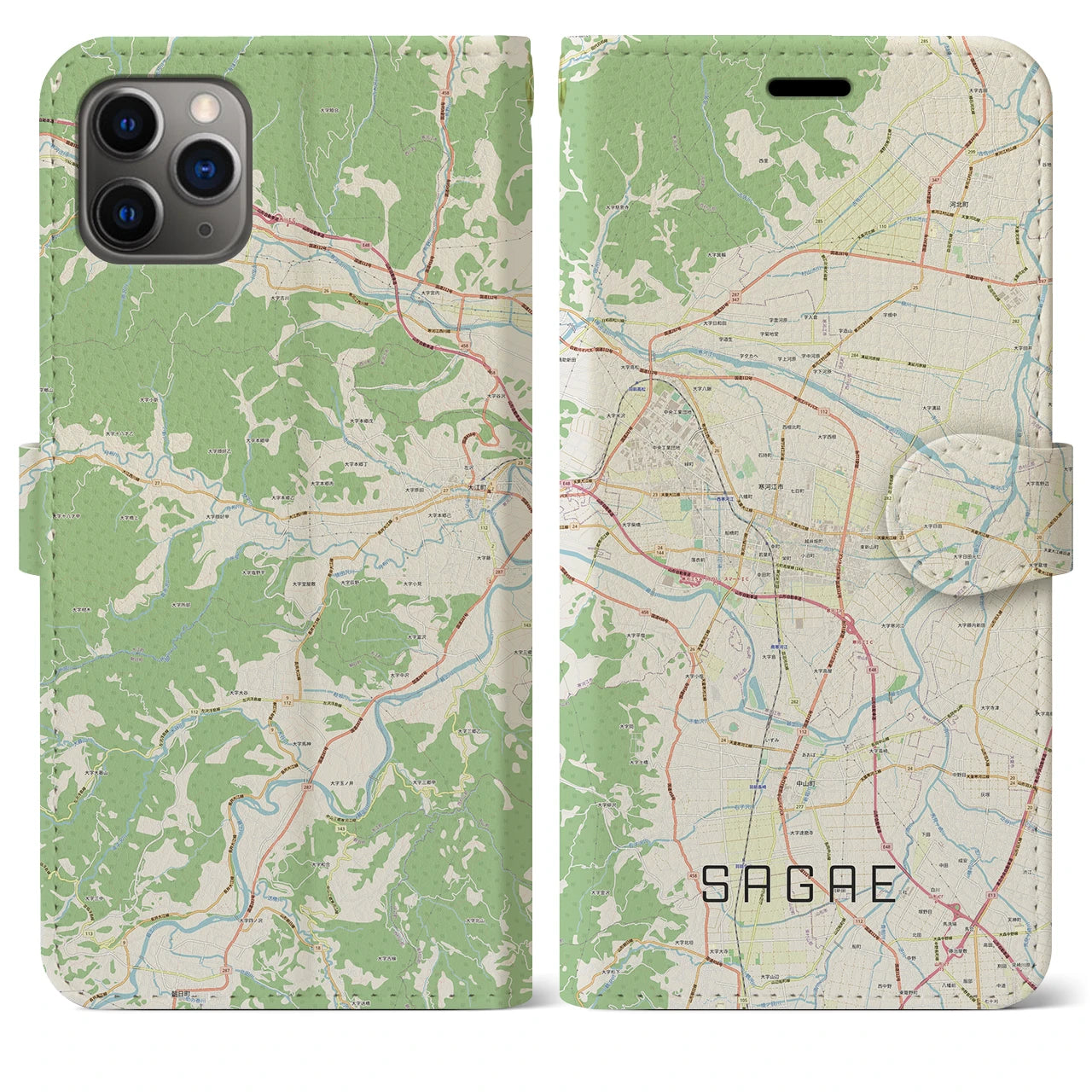 【寒河江(山形県)】地図柄iPhoneケース(手帳タイプ)ナチュラル・iPhone 11 Pro Max 用