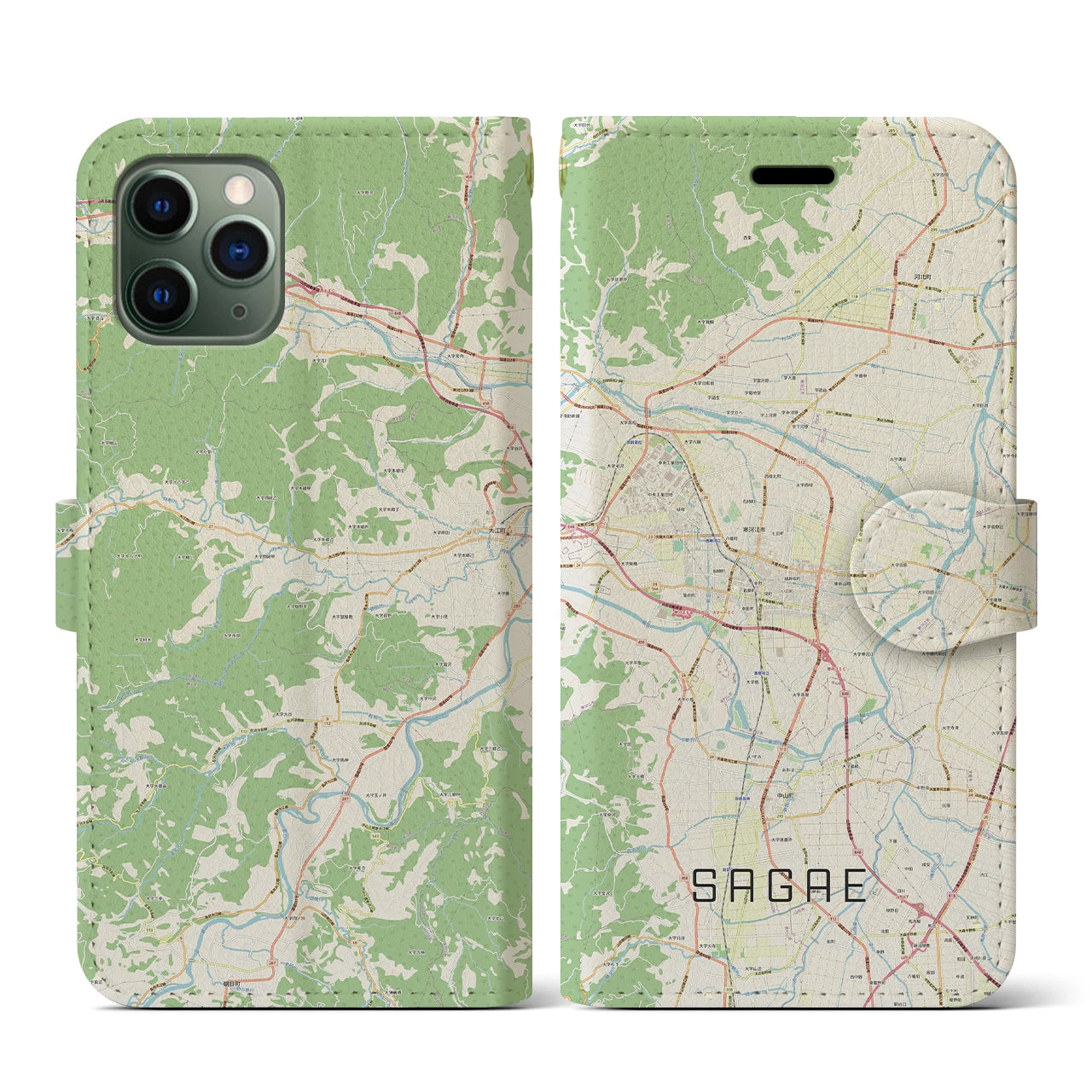 【寒河江(山形県)】地図柄iPhoneケース(手帳タイプ)ナチュラル・iPhone 11 Pro 用