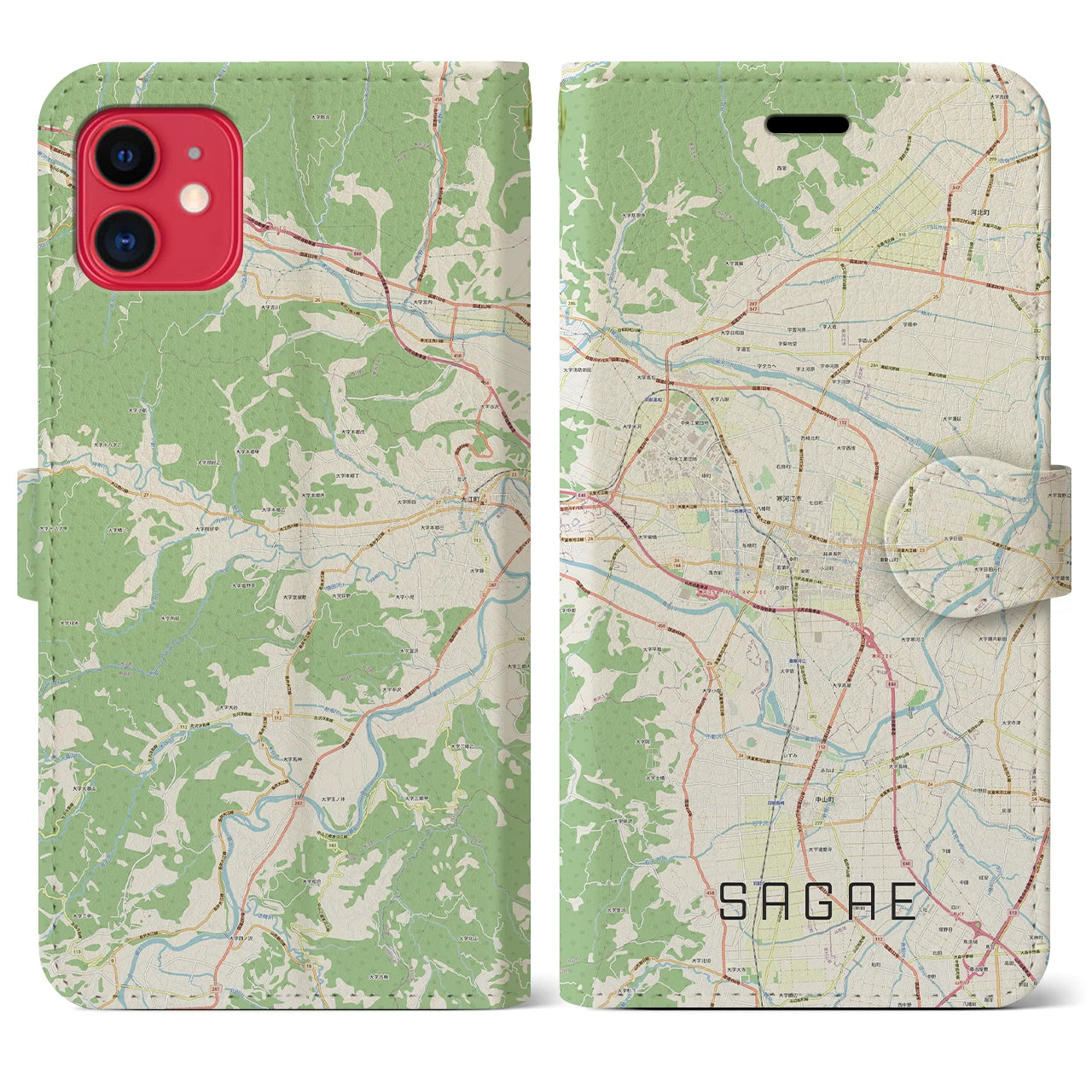 【寒河江(山形県)】地図柄iPhoneケース(手帳タイプ)ナチュラル・iPhone 11 用