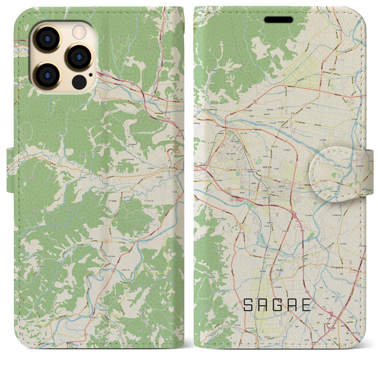 【寒河江(山形県)】地図柄iPhoneケース(手帳タイプ)ナチュラル・iPhone 12 Pro Max 用