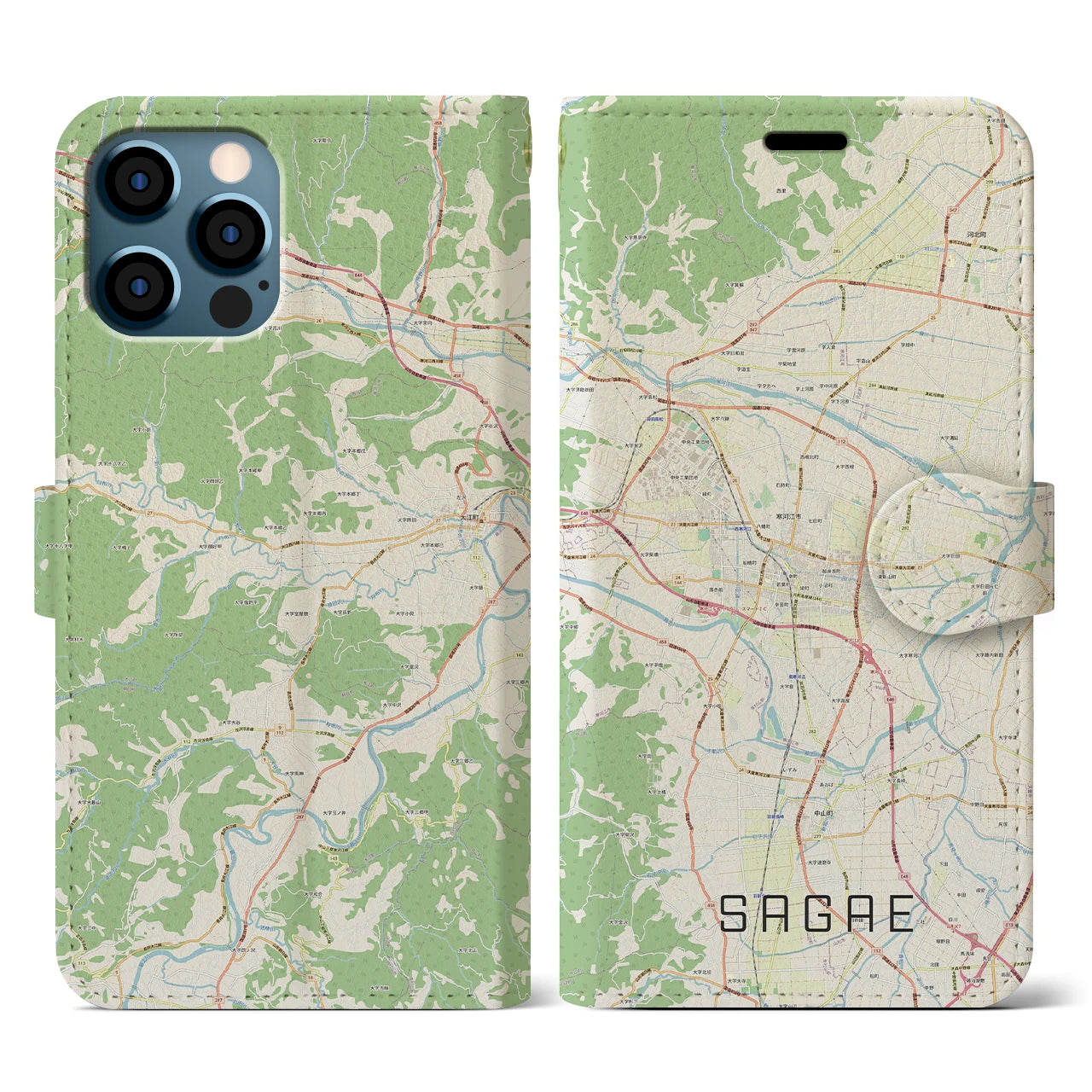 【寒河江(山形県)】地図柄iPhoneケース(手帳タイプ)ナチュラル・iPhone 12 / 12 Pro 用