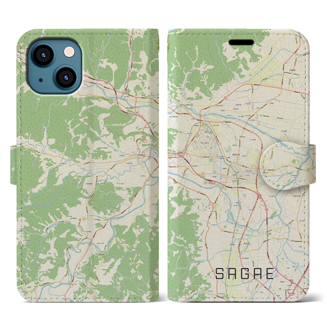 【寒河江(山形県)】地図柄iPhoneケース(手帳タイプ)ナチュラル・iPhone 13 用