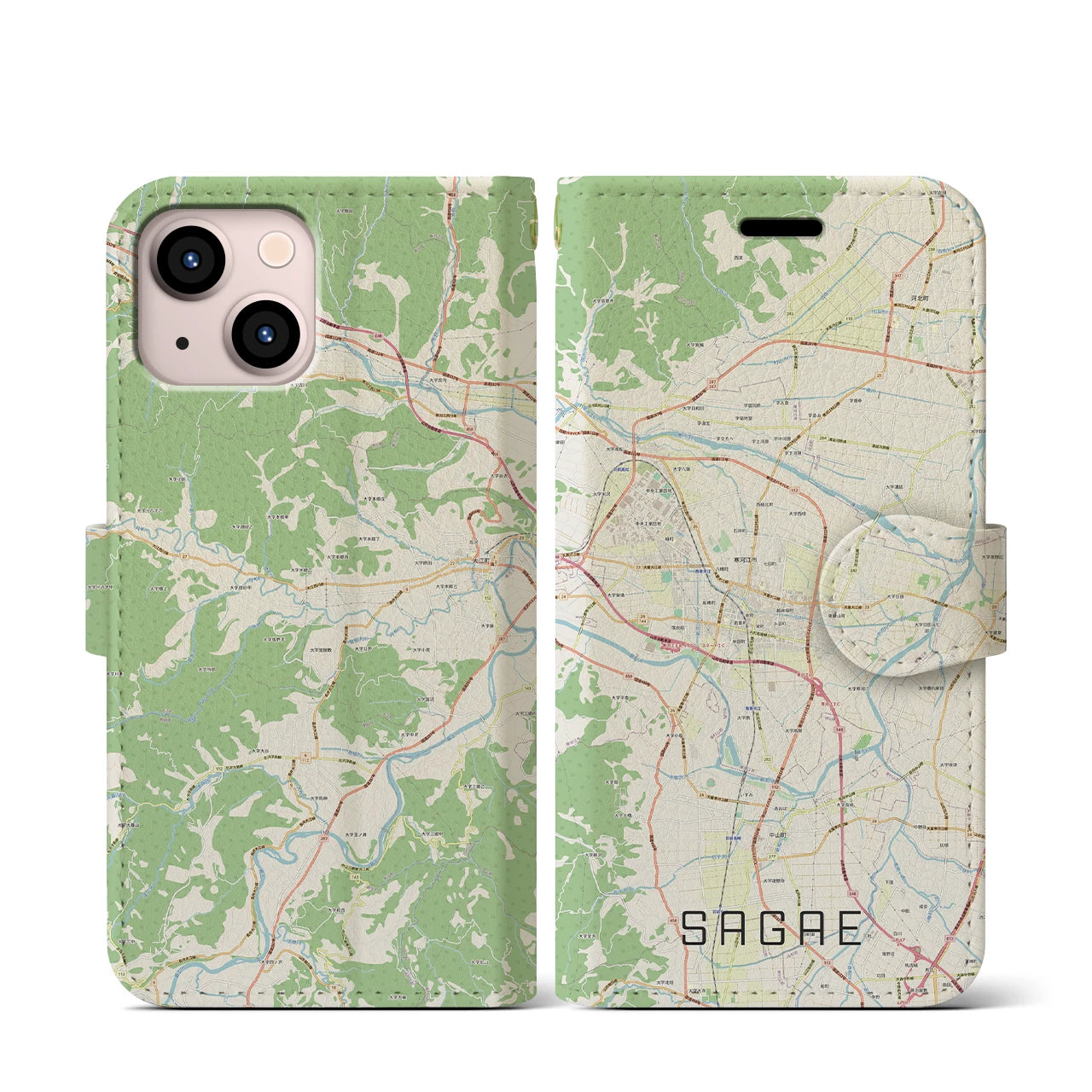 【寒河江(山形県)】地図柄iPhoneケース(手帳タイプ)ナチュラル・iPhone 13 mini 用