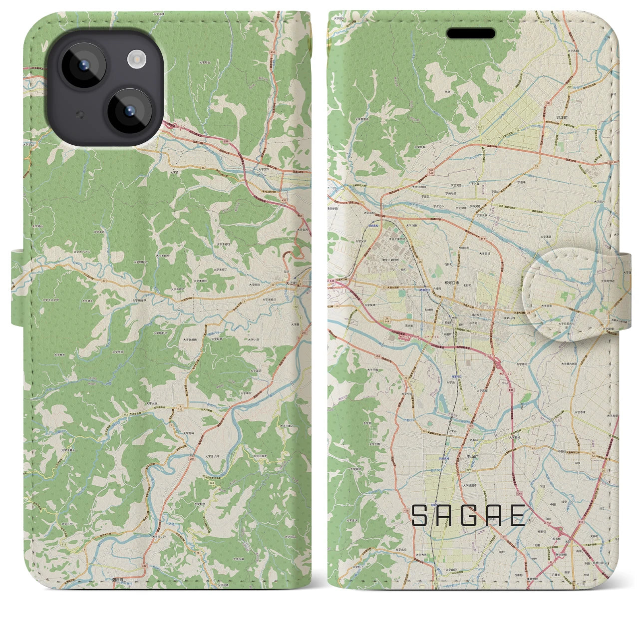 【寒河江(山形県)】地図柄iPhoneケース(手帳タイプ)ナチュラル・iPhone 14 Plus 用