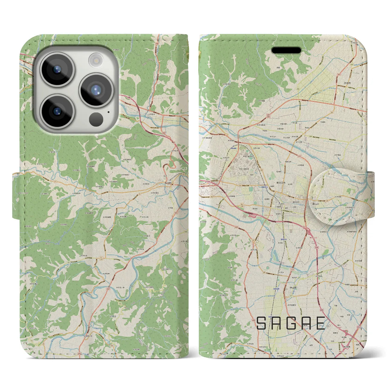 【寒河江(山形県)】地図柄iPhoneケース(手帳タイプ)ナチュラル・iPhone 15 Pro 用