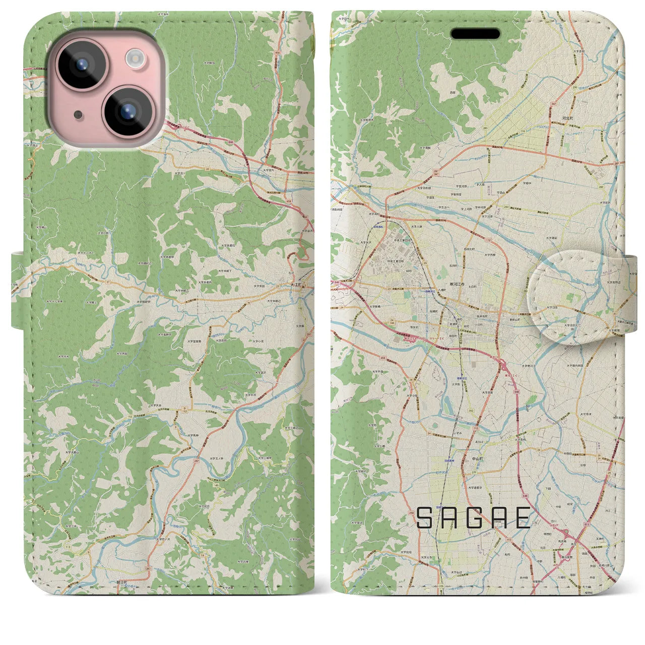 【寒河江(山形県)】地図柄iPhoneケース(手帳タイプ)ナチュラル・iPhone 15 Plus 用