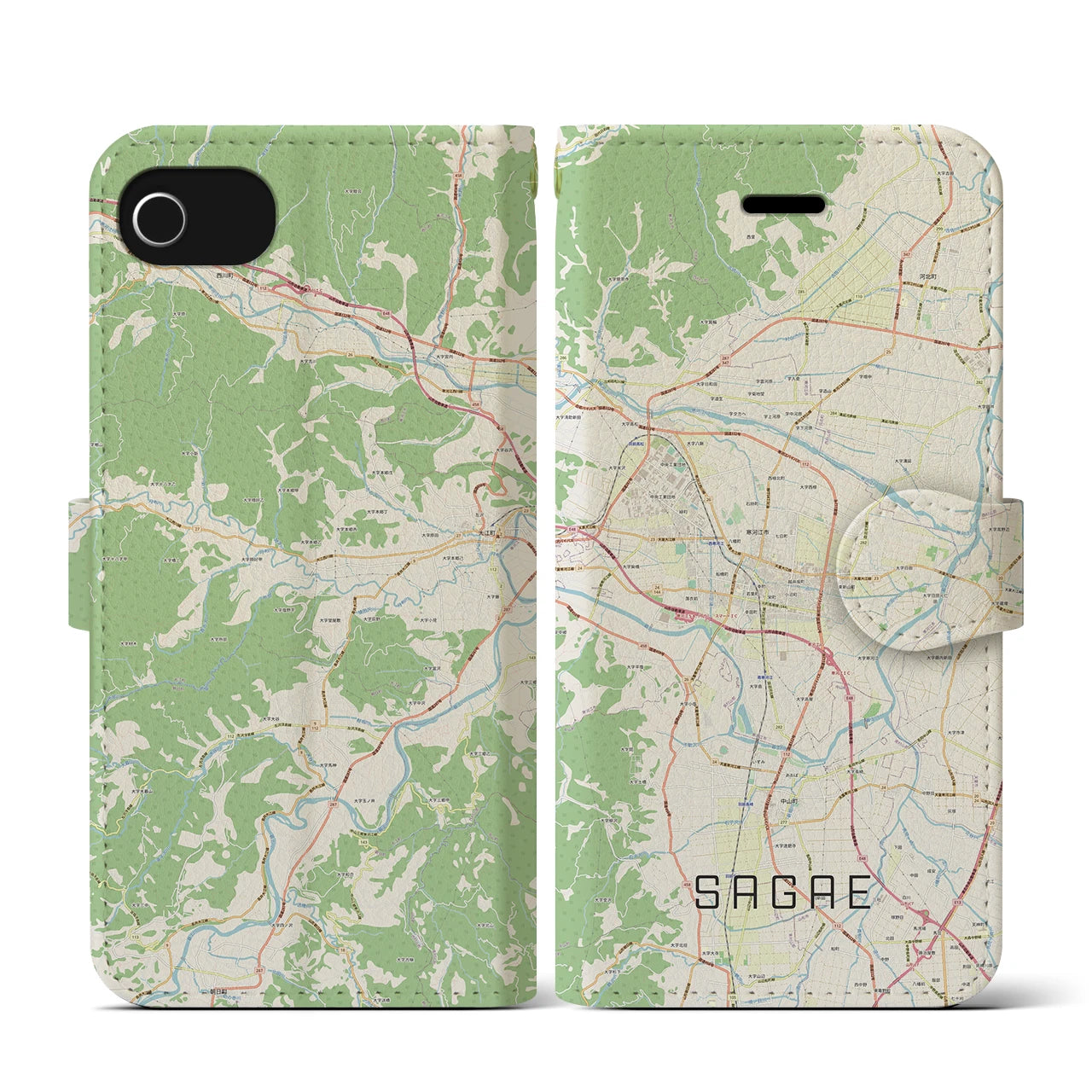 【寒河江(山形県)】地図柄iPhoneケース(手帳タイプ)ナチュラル・iPhone SE(第3 / 第2世代) / 8 / 7 / 6s / 6 用