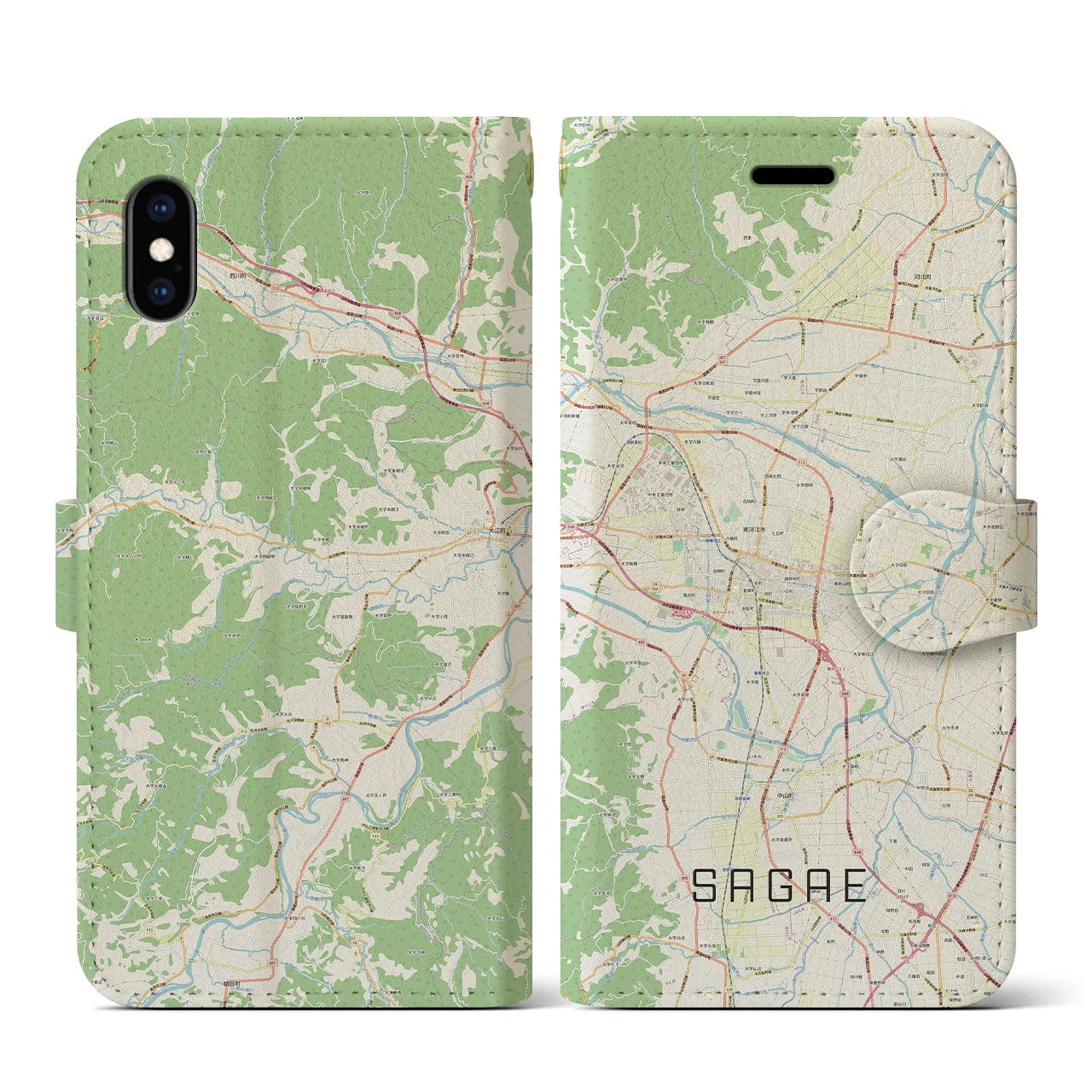 【寒河江(山形県)】地図柄iPhoneケース(手帳タイプ)ナチュラル・iPhone XS / X 用