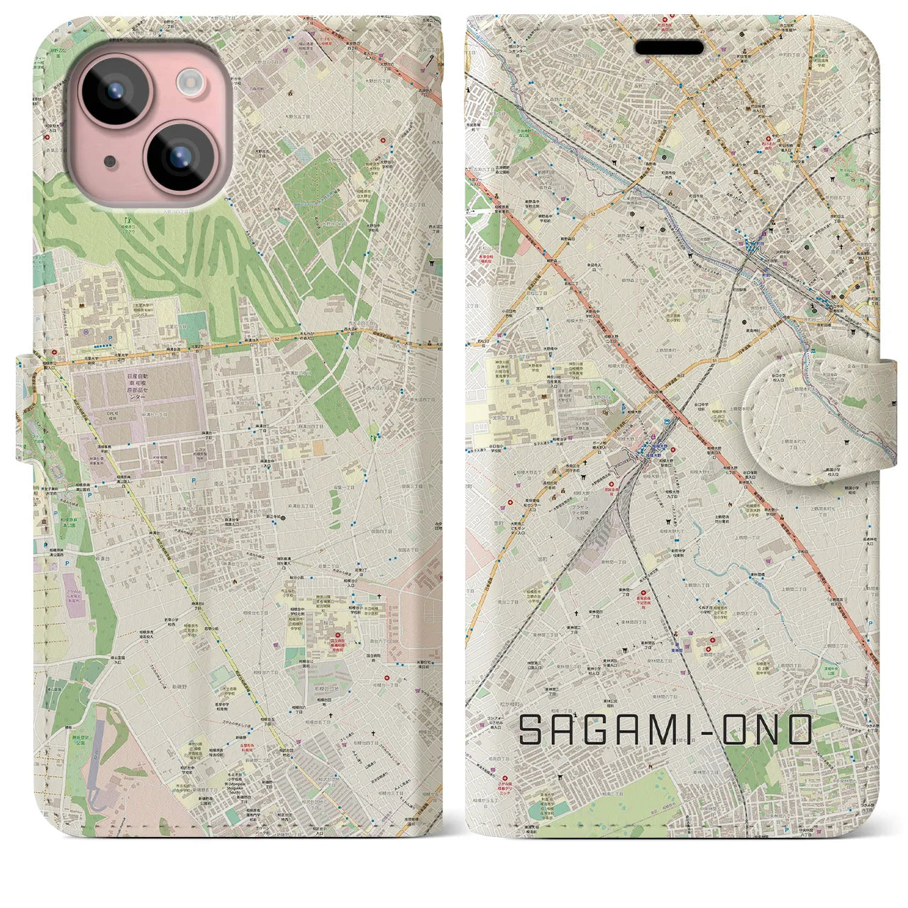 【相模大野(神奈川県)】地図柄iPhoneケース(手帳タイプ)ナチュラル・iPhone 15 Plus 用
