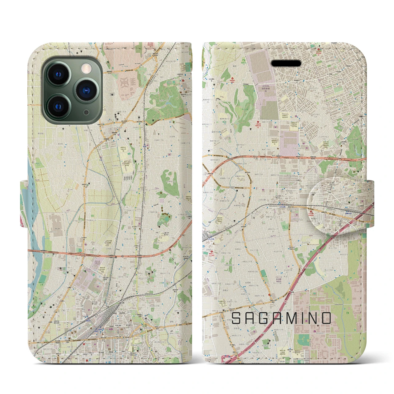 【さがみ野(神奈川県)】地図柄iPhoneケース(手帳タイプ)ナチュラル・iPhone 11 Pro 用