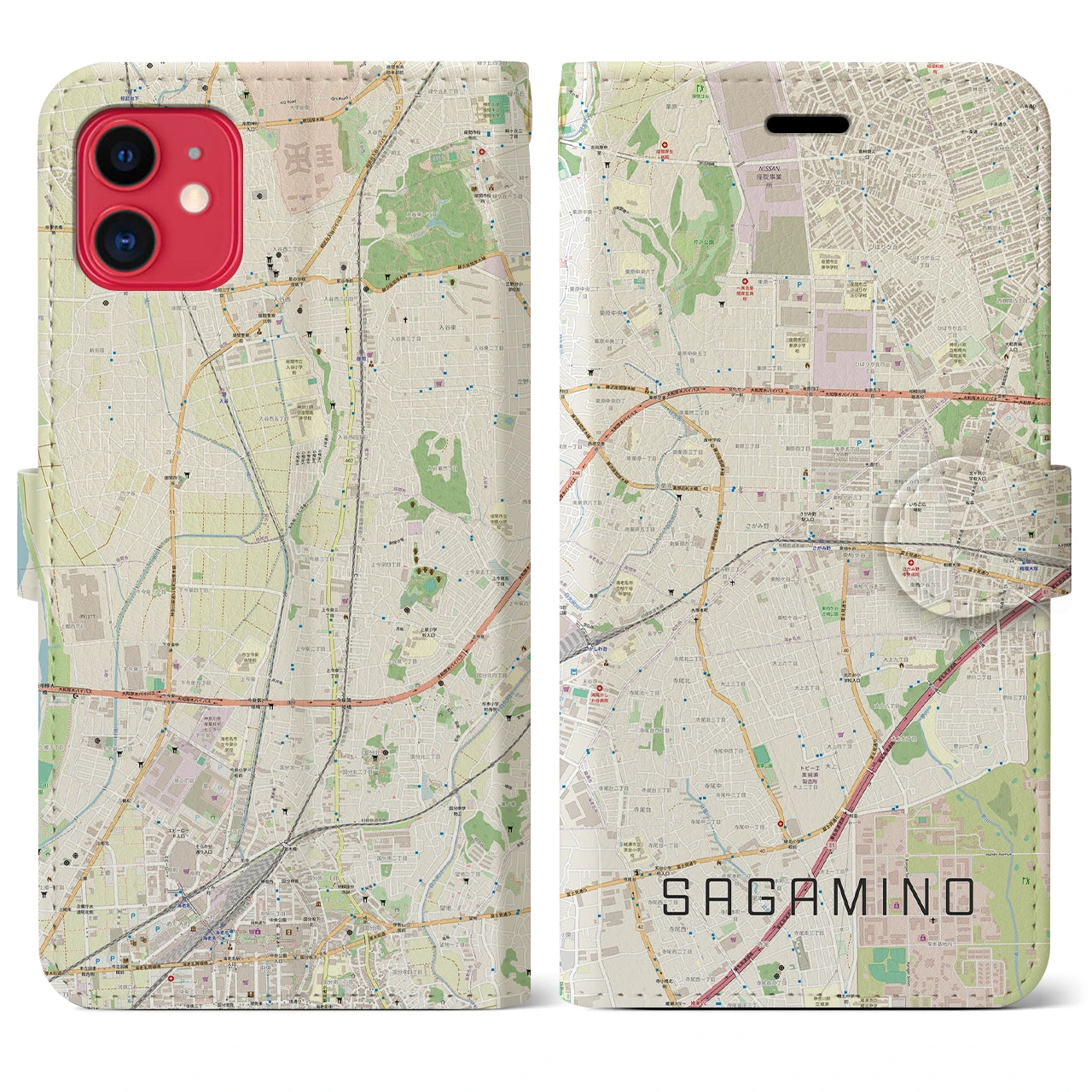 【さがみ野(神奈川県)】地図柄iPhoneケース(手帳タイプ)ナチュラル・iPhone 11 用