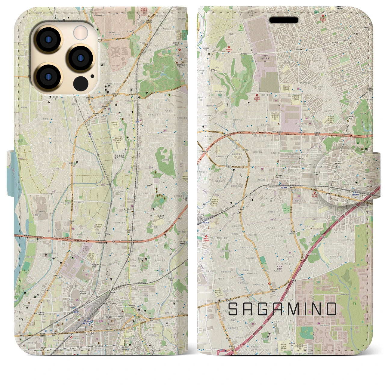 【さがみ野(神奈川県)】地図柄iPhoneケース(手帳タイプ)ナチュラル・iPhone 12 Pro Max 用