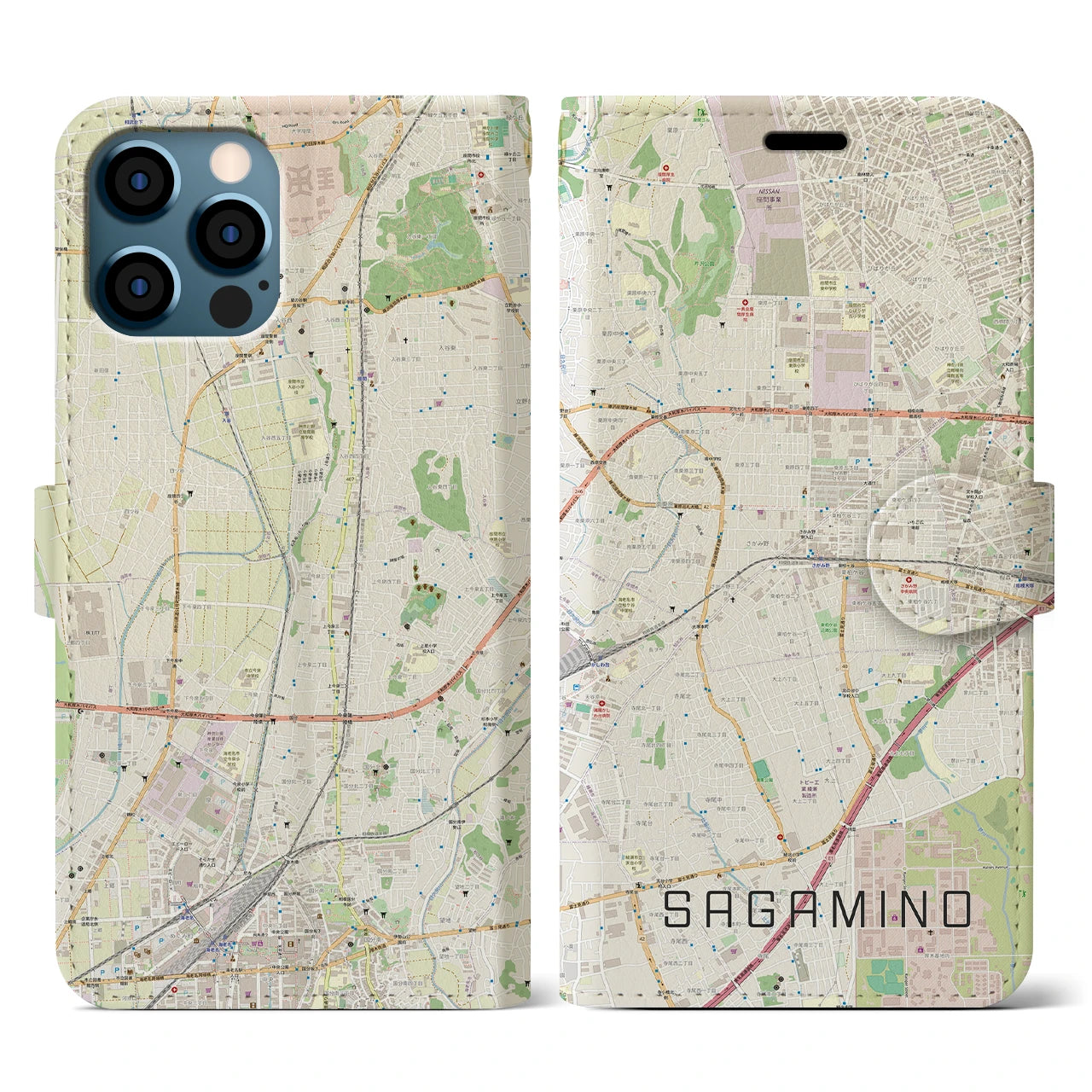 【さがみ野(神奈川県)】地図柄iPhoneケース(手帳タイプ)ナチュラル・iPhone 12 / 12 Pro 用