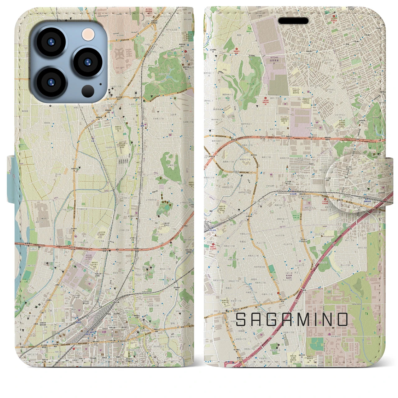 【さがみ野(神奈川県)】地図柄iPhoneケース(手帳タイプ)ナチュラル・iPhone 13 Pro Max 用