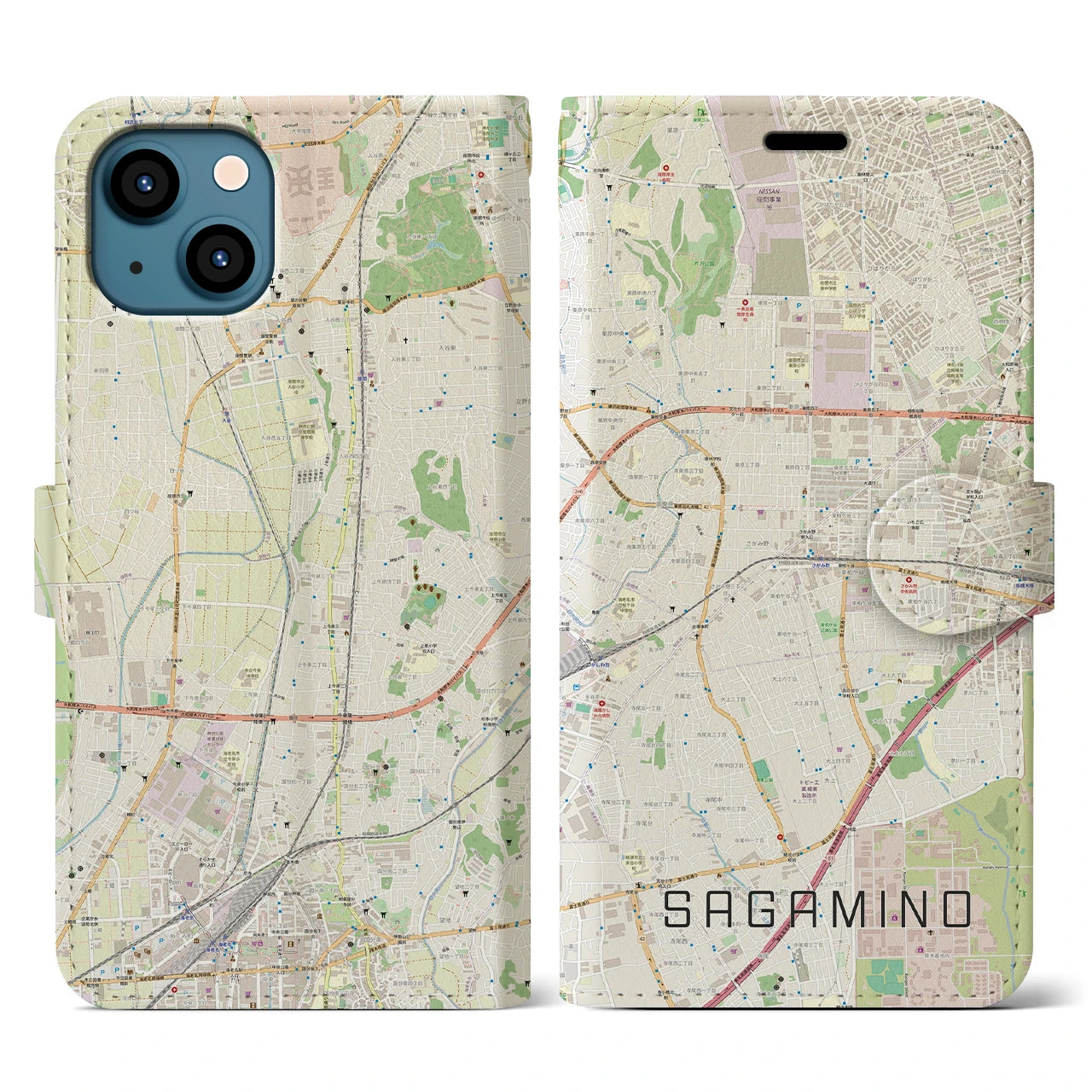 【さがみ野(神奈川県)】地図柄iPhoneケース(手帳タイプ)ナチュラル・iPhone 13 用