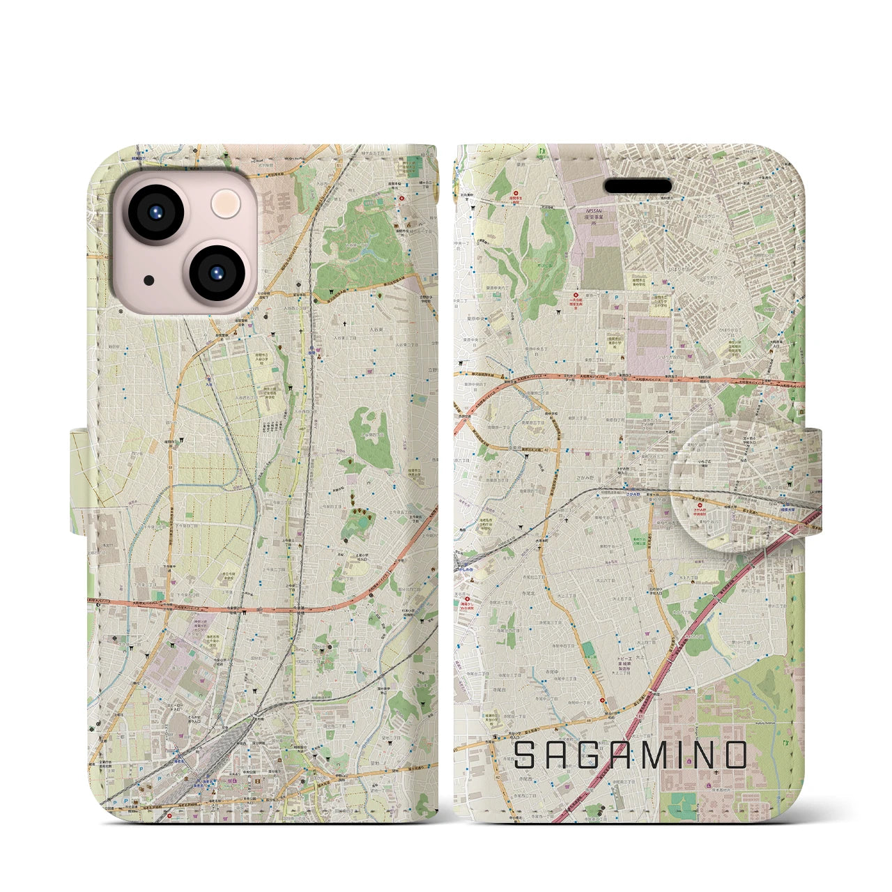 【さがみ野(神奈川県)】地図柄iPhoneケース(手帳タイプ)ナチュラル・iPhone 13 mini 用