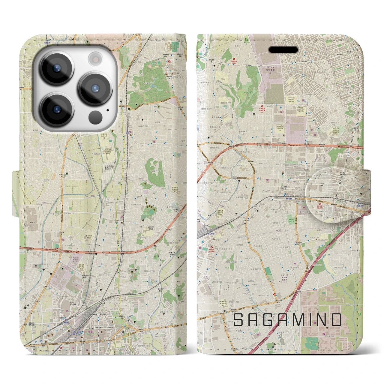 【さがみ野(神奈川県)】地図柄iPhoneケース(手帳タイプ)ナチュラル・iPhone 14 Pro 用