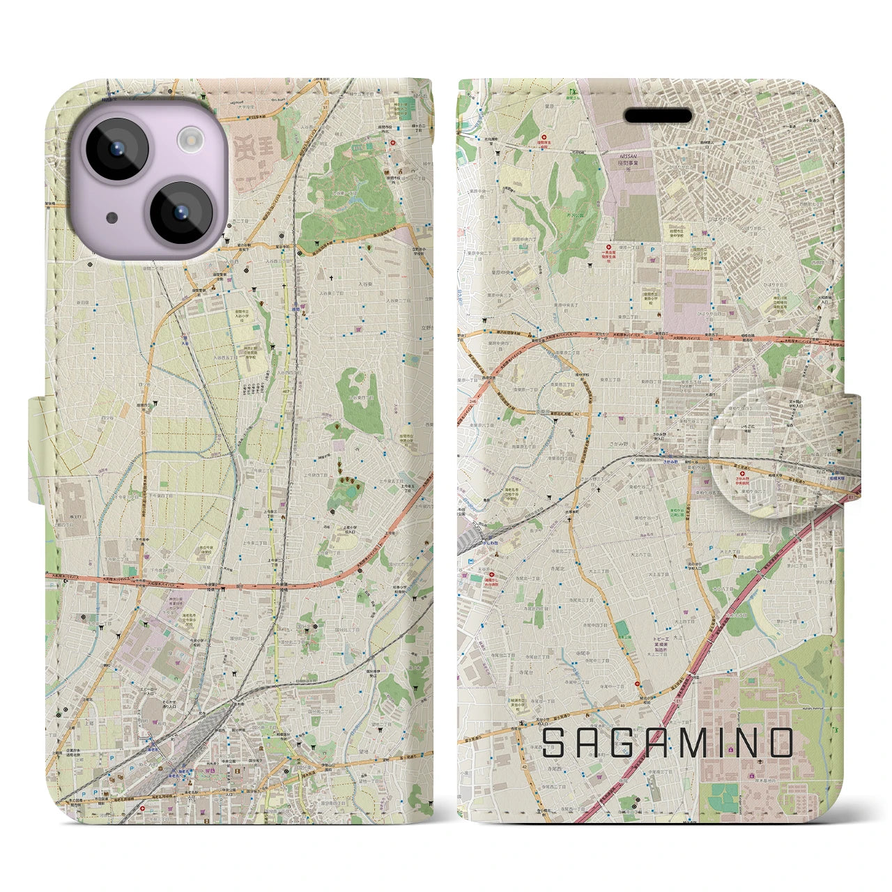 【さがみ野(神奈川県)】地図柄iPhoneケース(手帳タイプ)ナチュラル・iPhone 14 用