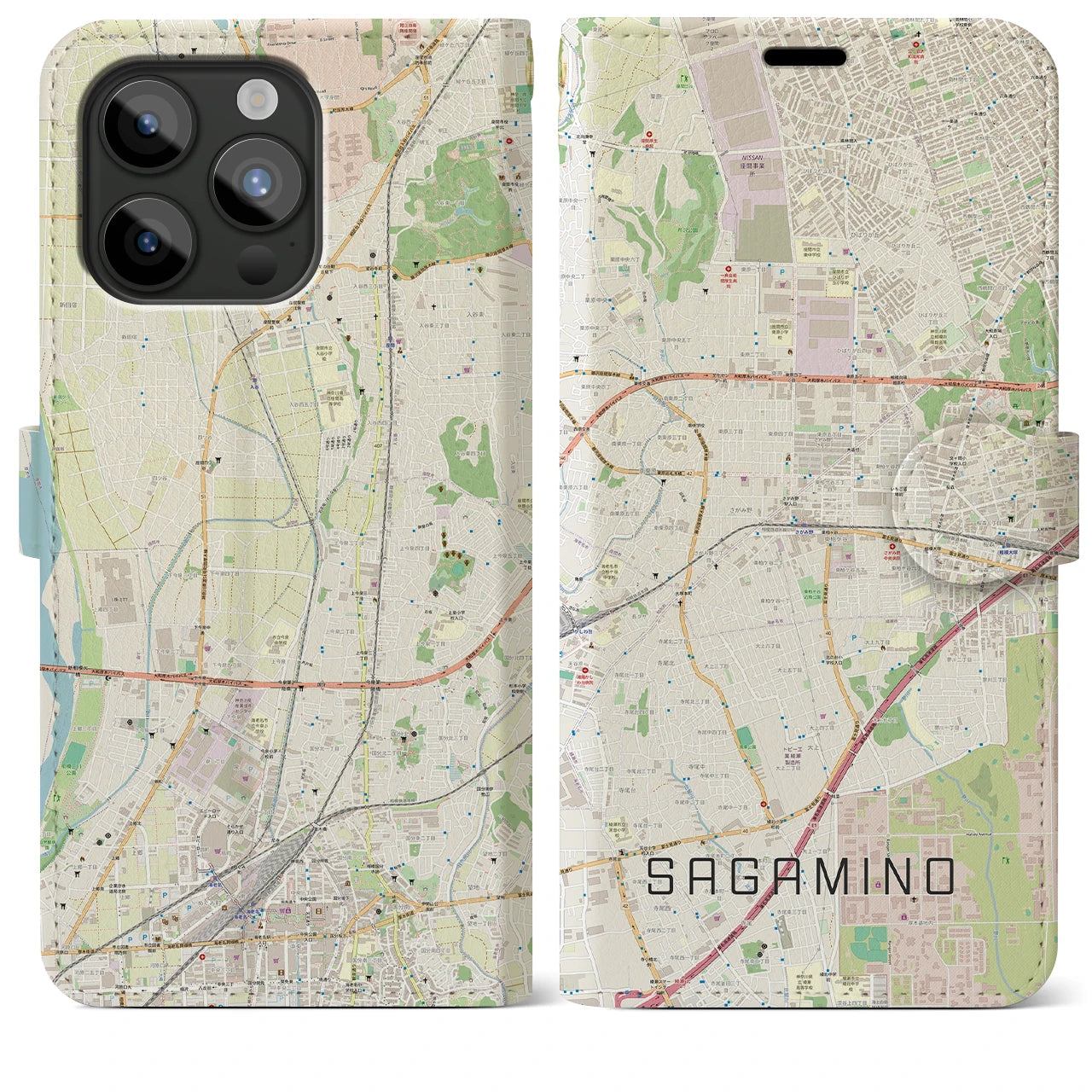【さがみ野(神奈川県)】地図柄iPhoneケース(手帳タイプ)ナチュラル・iPhone 15 Pro Max 用