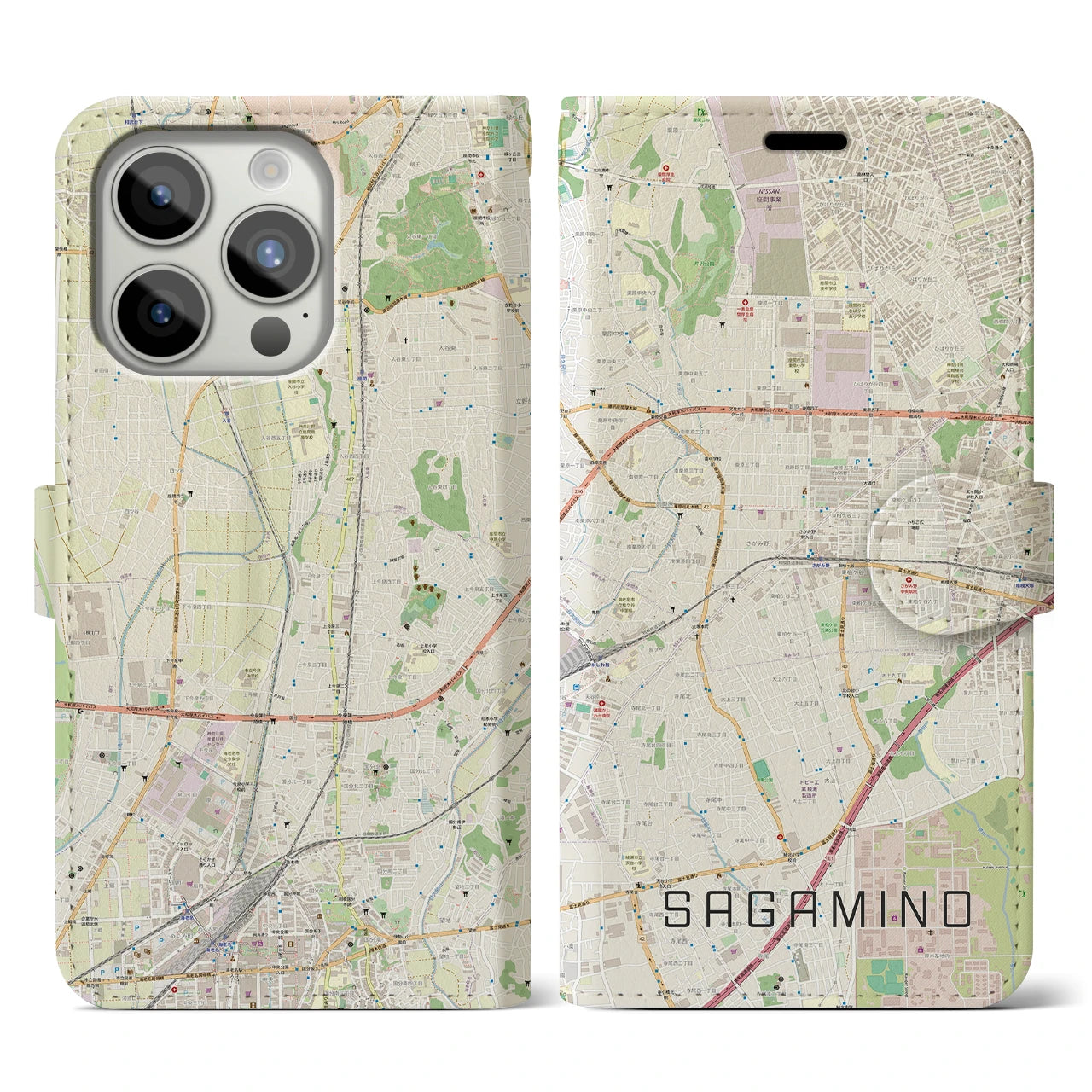 【さがみ野(神奈川県)】地図柄iPhoneケース(手帳タイプ)ナチュラル・iPhone 15 Pro 用