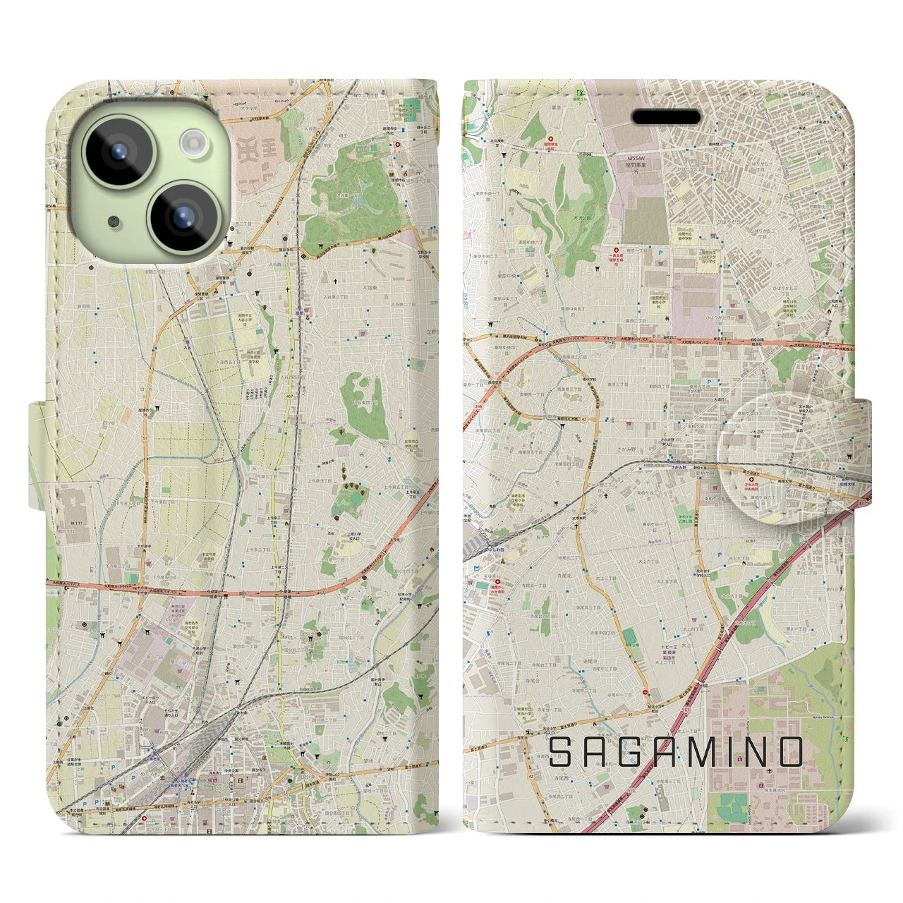 【さがみ野(神奈川県)】地図柄iPhoneケース(手帳タイプ)ナチュラル・iPhone 15 用