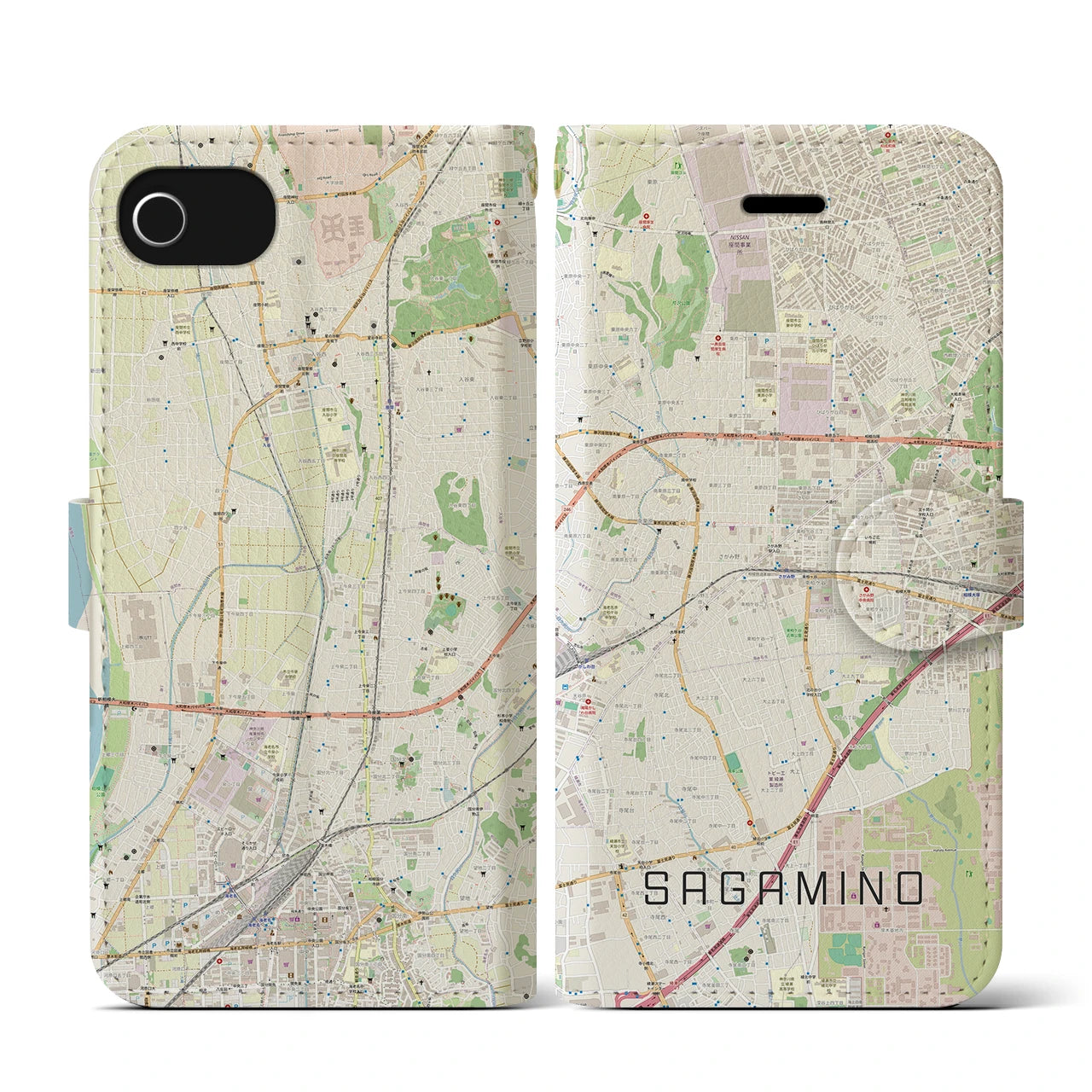 【さがみ野(神奈川県)】地図柄iPhoneケース(手帳タイプ)ナチュラル・iPhone SE(第3 / 第2世代) / 8 / 7 / 6s / 6 用