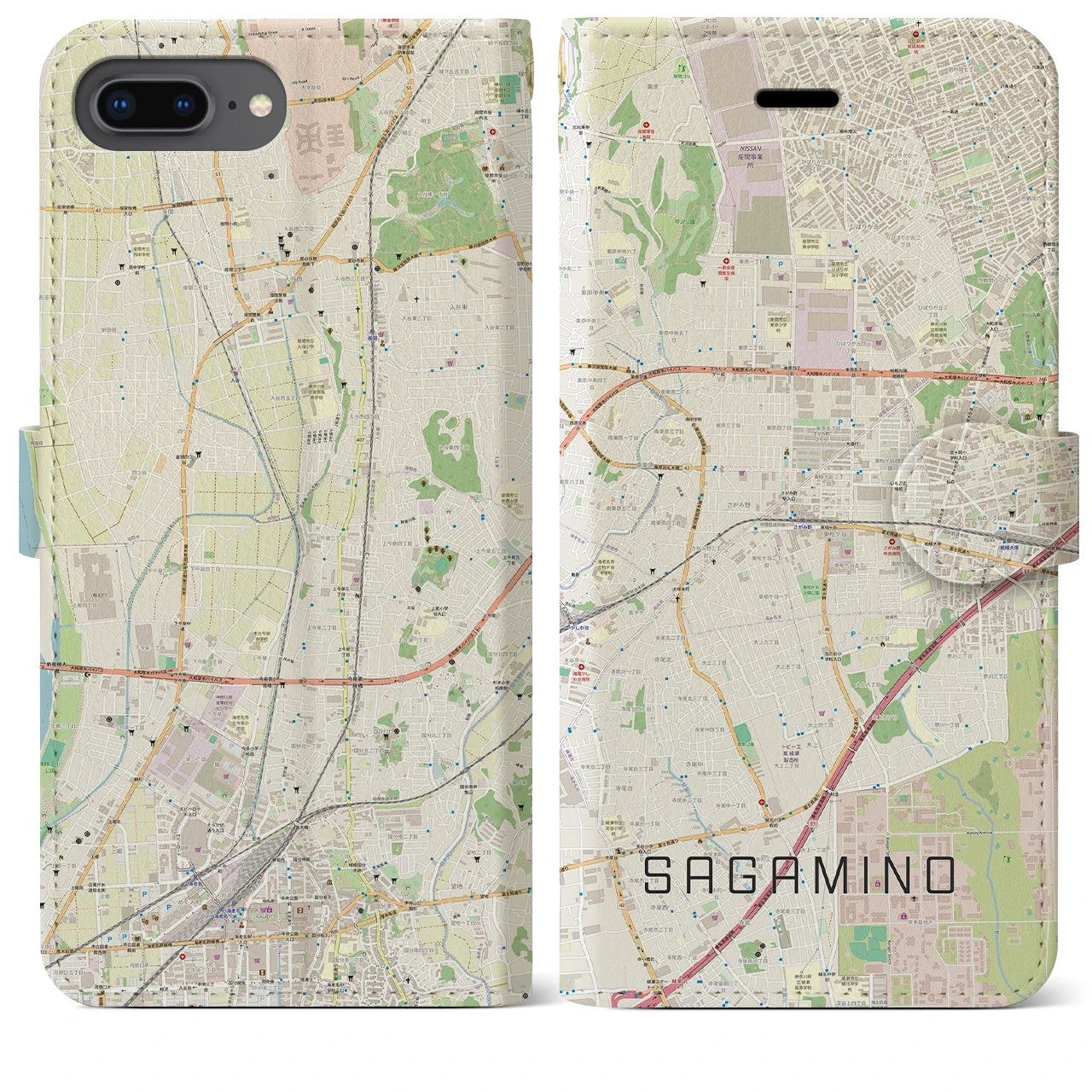 【さがみ野(神奈川県)】地図柄iPhoneケース(手帳タイプ)ナチュラル・iPhone 8Plus /7Plus / 6sPlus / 6Plus 用