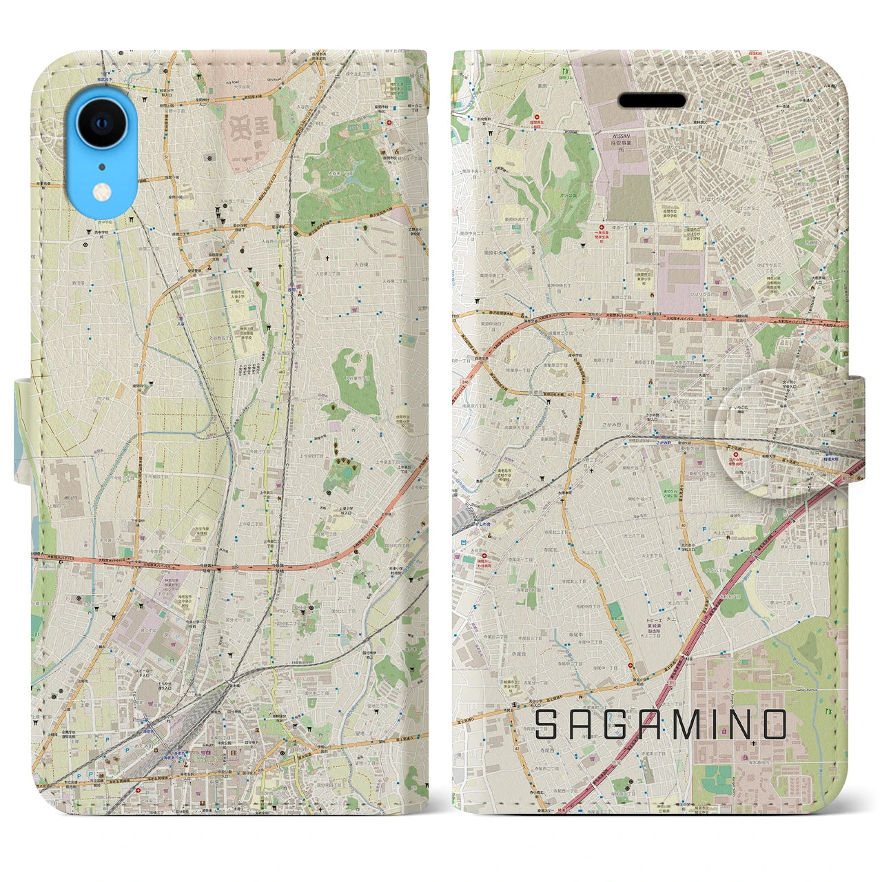 【さがみ野(神奈川県)】地図柄iPhoneケース(手帳タイプ)ナチュラル・iPhone XR 用