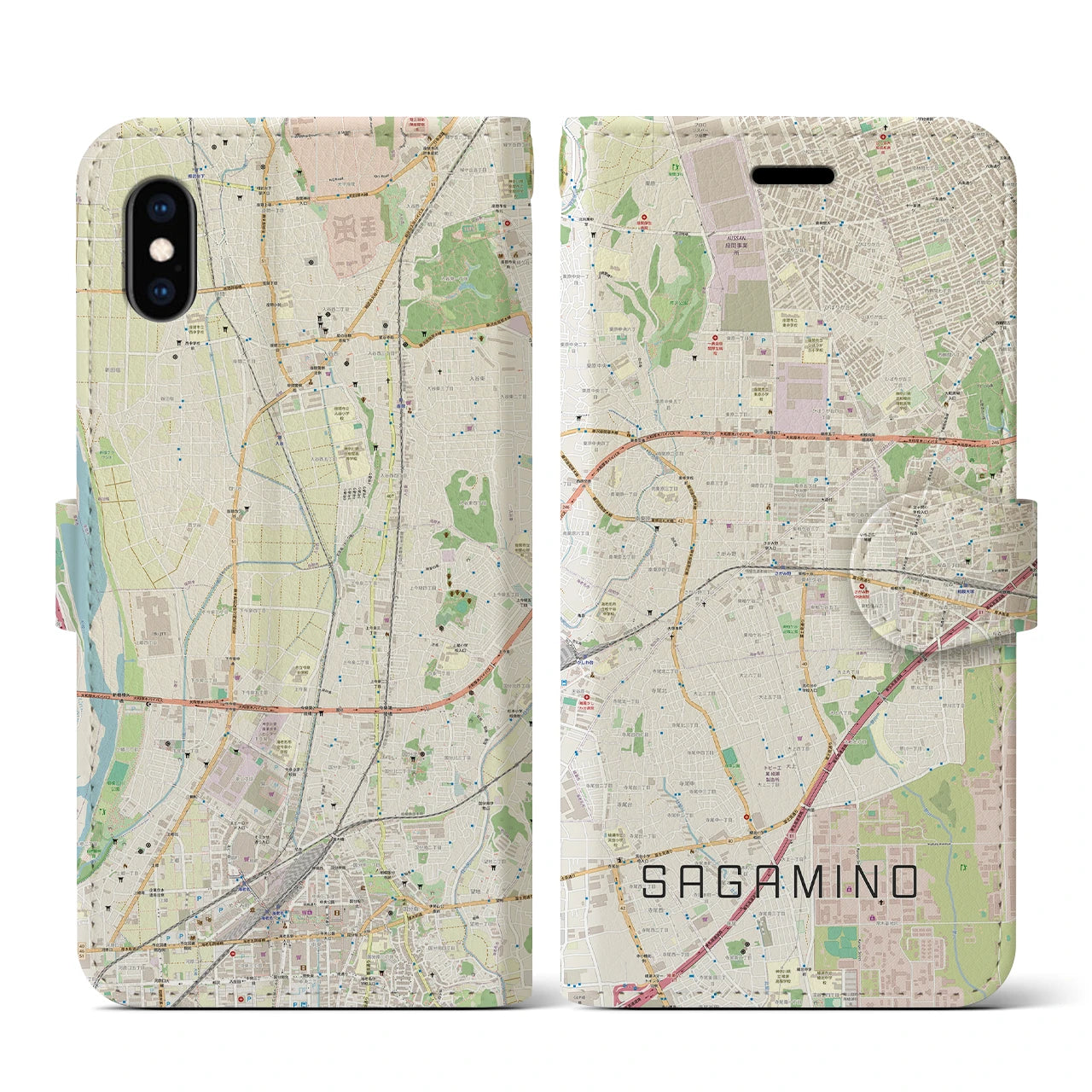 【さがみ野(神奈川県)】地図柄iPhoneケース(手帳タイプ)ナチュラル・iPhone XS / X 用