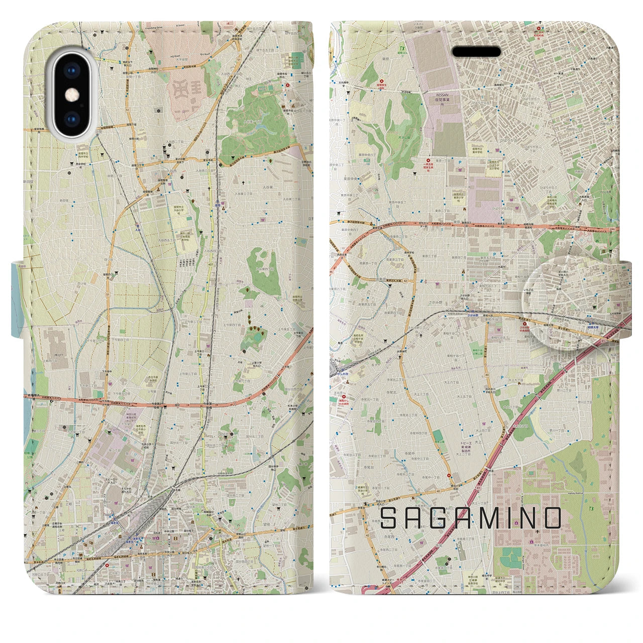 【さがみ野(神奈川県)】地図柄iPhoneケース(手帳タイプ)ナチュラル・iPhone XS Max 用