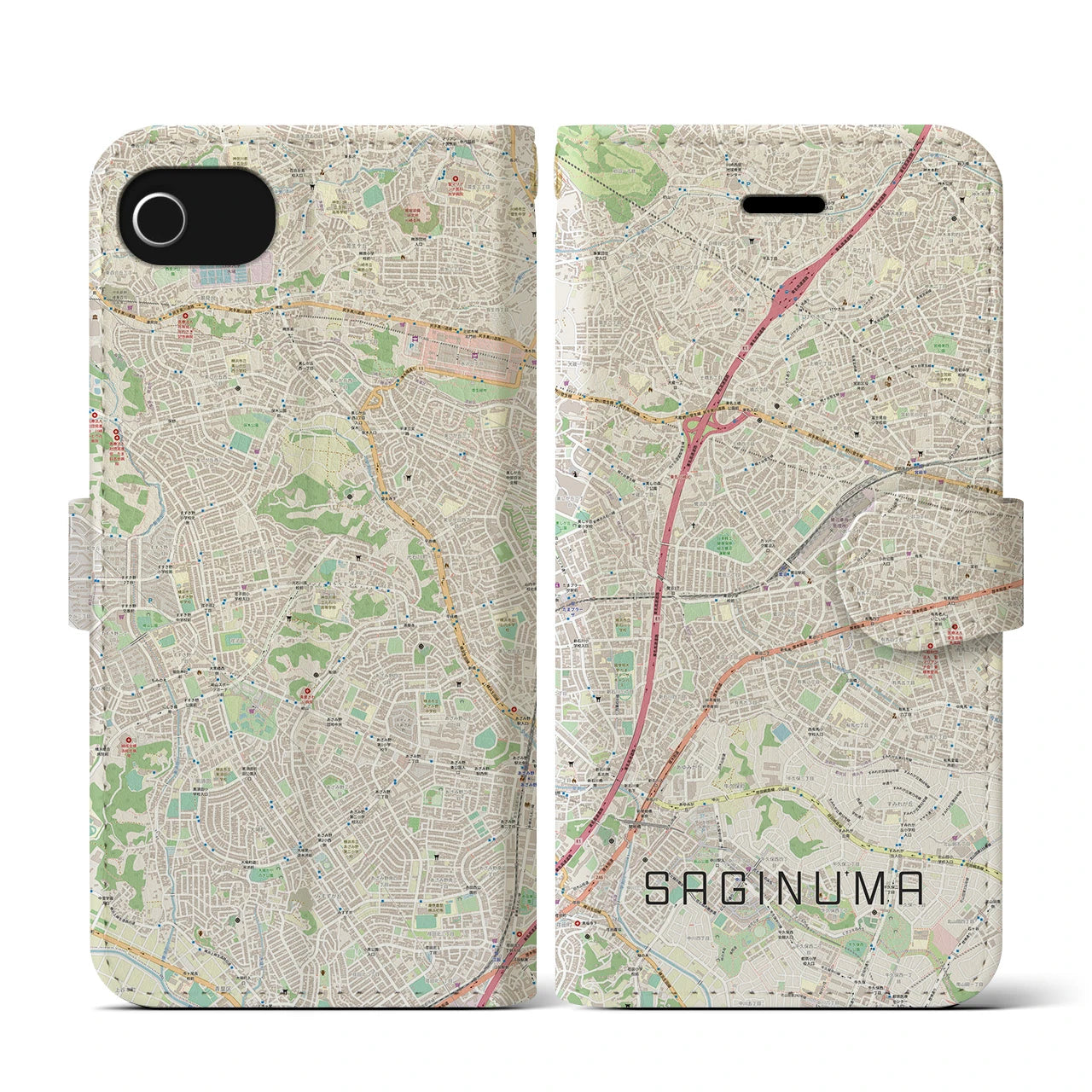 【鷺沼(神奈川県)】地図柄iPhoneケース(手帳タイプ)ナチュラル・iPhone SE(第3 / 第2世代) / 8 / 7 / 6s / 6 用