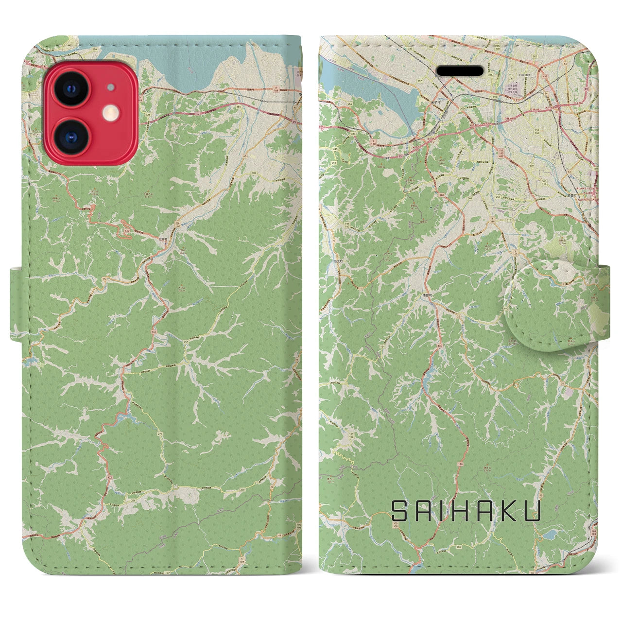 【西伯(鳥取県)】地図柄iPhoneケース(手帳タイプ)ナチュラル・iPhone 11 用