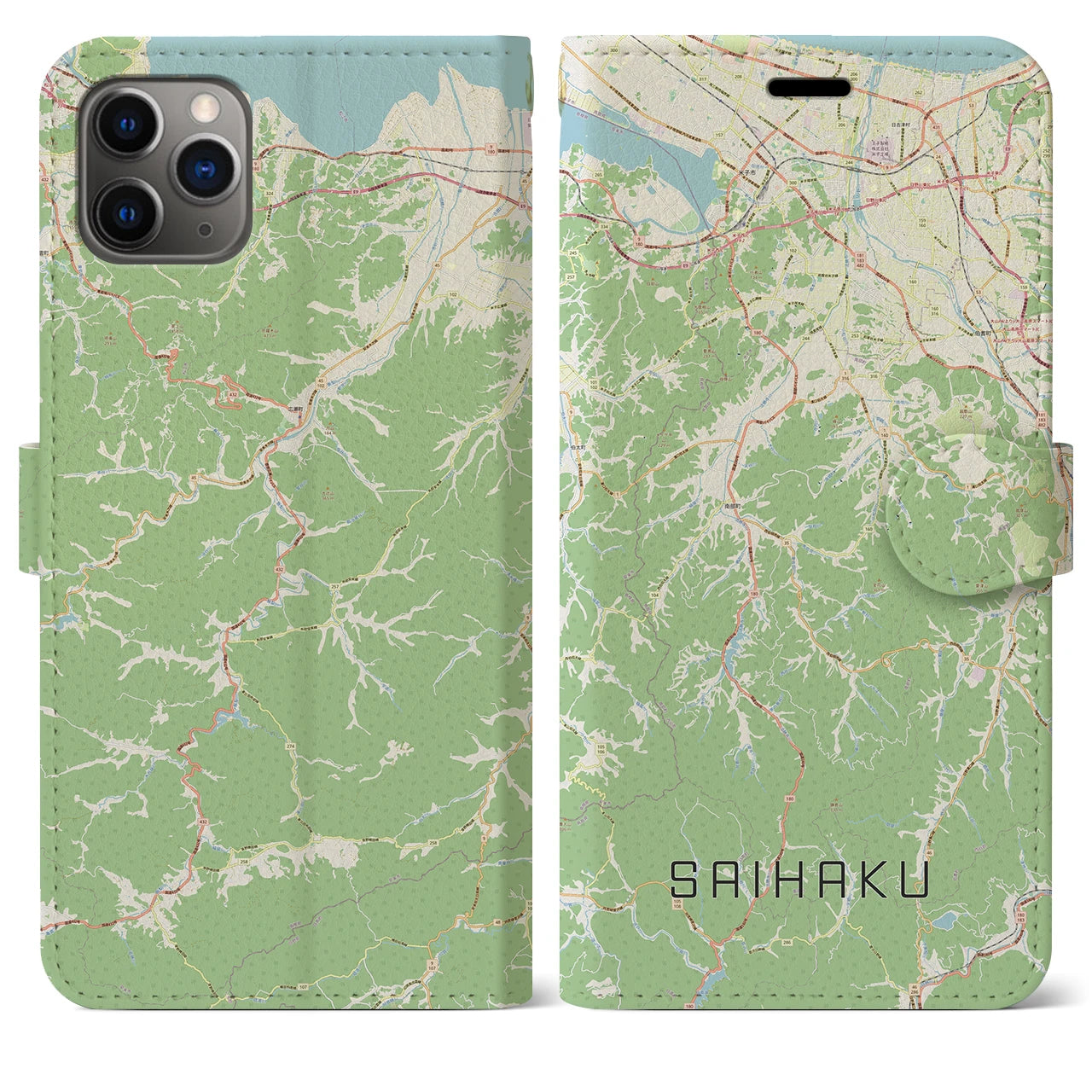 【西伯(鳥取県)】地図柄iPhoneケース(手帳タイプ)ナチュラル・iPhone 11 Pro Max 用